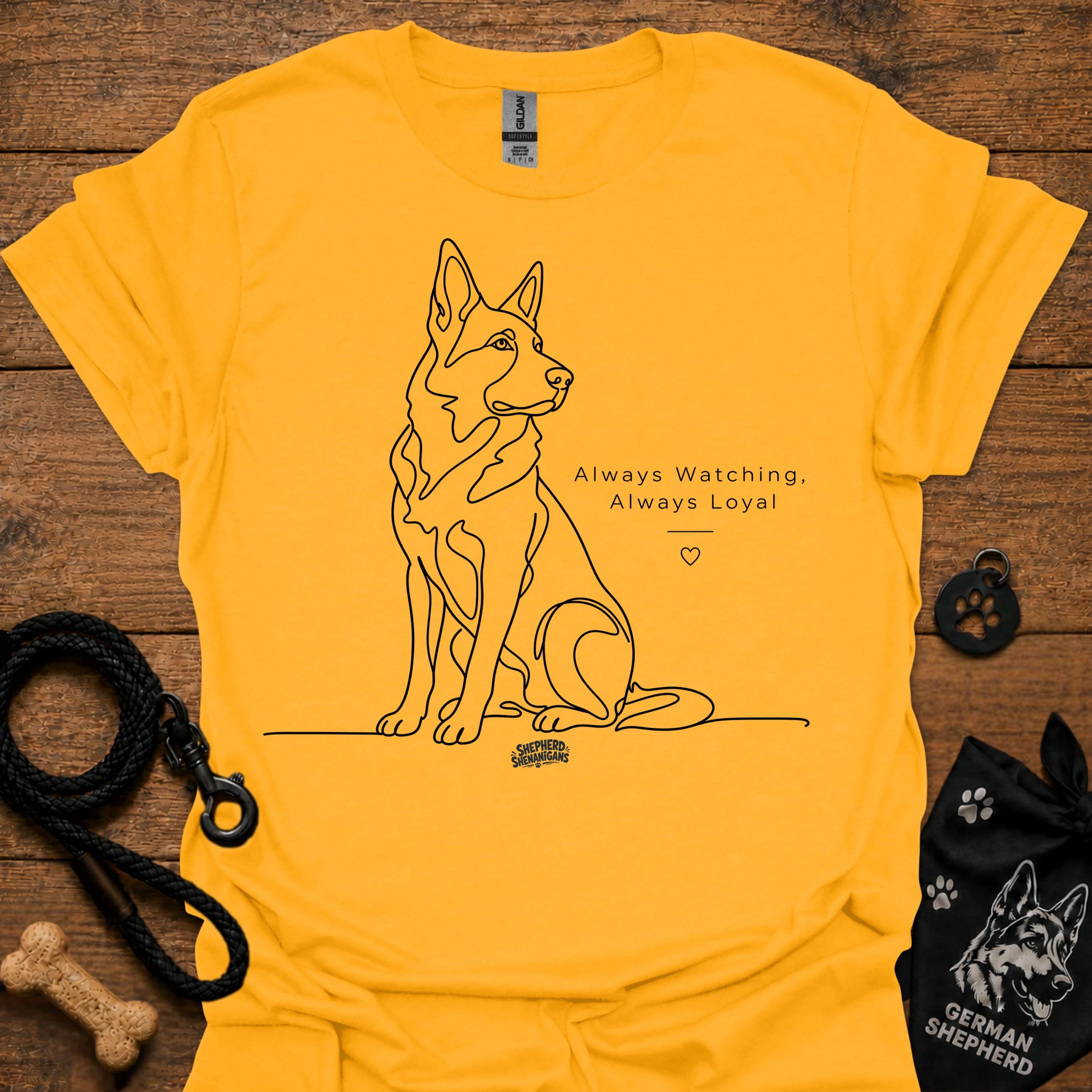 Gold dog graphic t-shirt with line art and text: Always Watching, Always Loyal