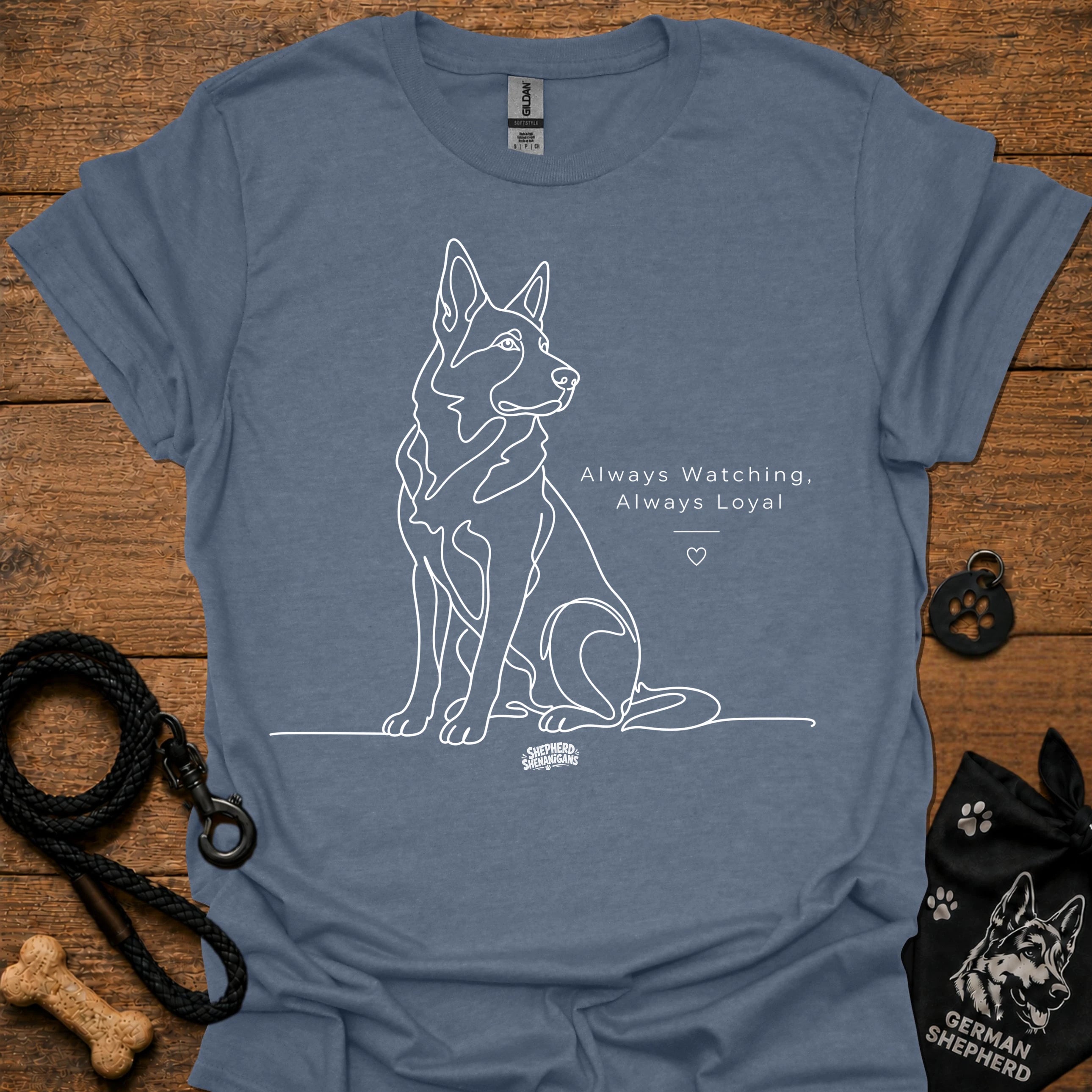 Heather indigo dog graphic t-shirt with line art and text: Always Watching, Always Loyal