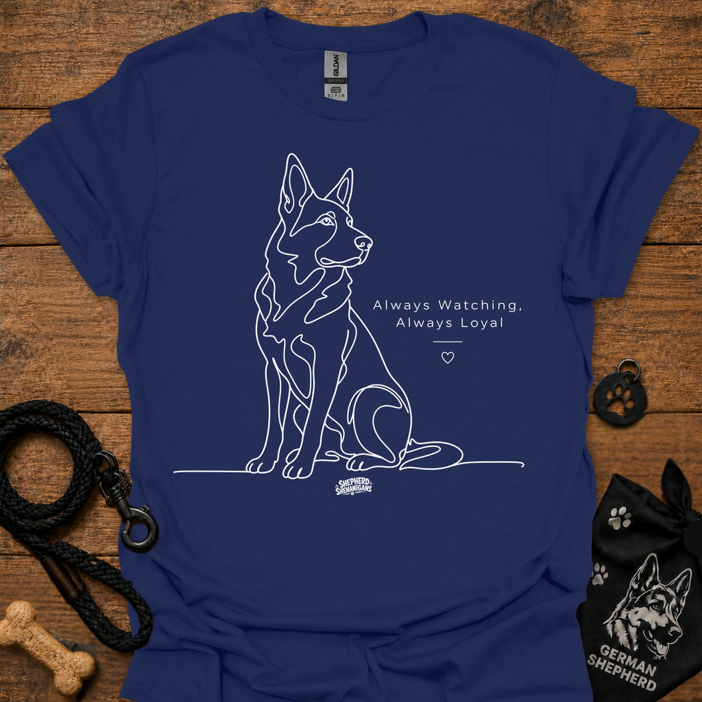Navy dog graphic t-shirt with line art and text: Always Watching, Always Loyal