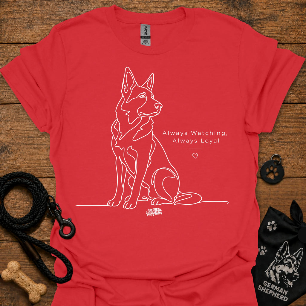 Red dog graphic t-shirt with line art and text: Always Watching, Always Loyal