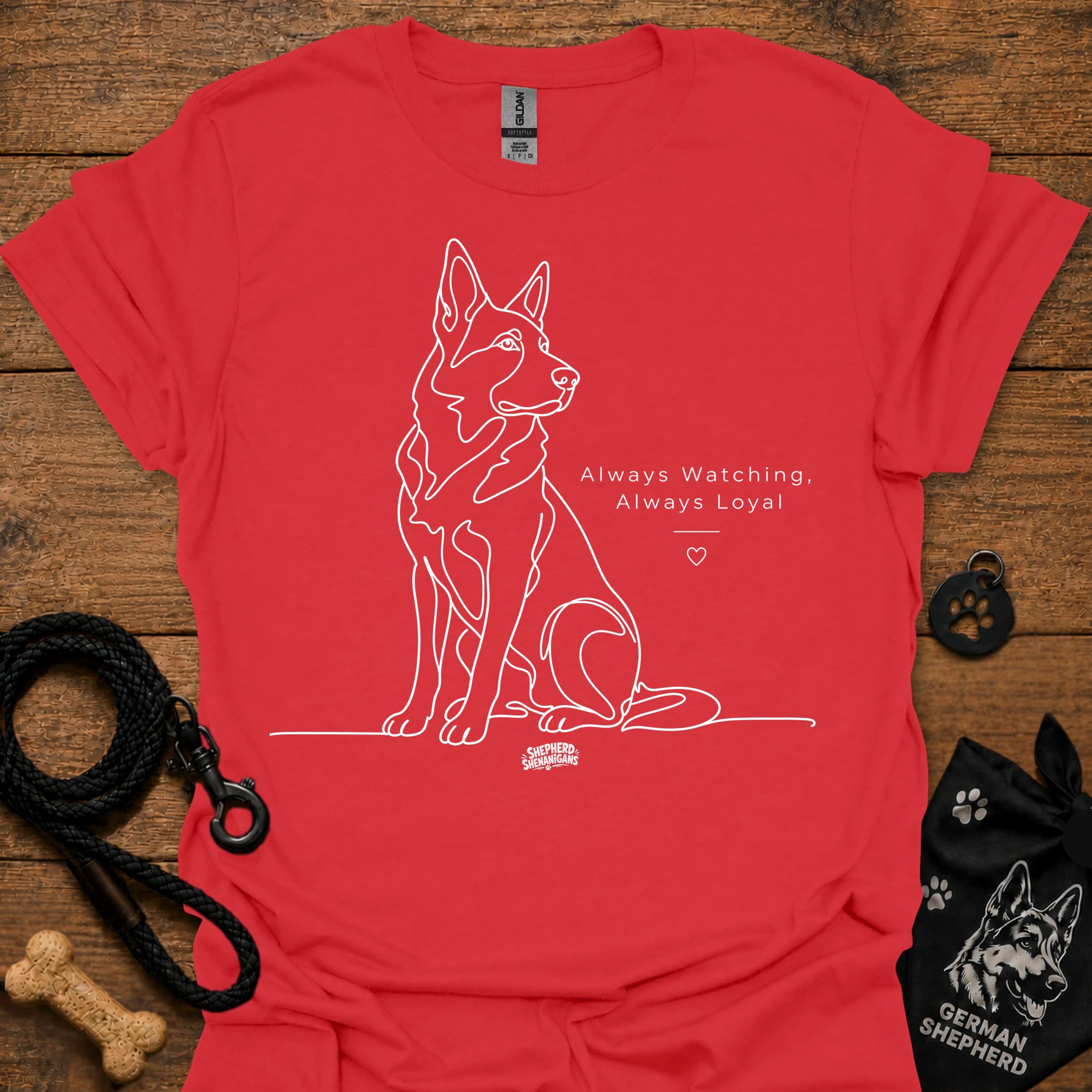 Red dog graphic t-shirt with line art and text: Always Watching, Always Loyal