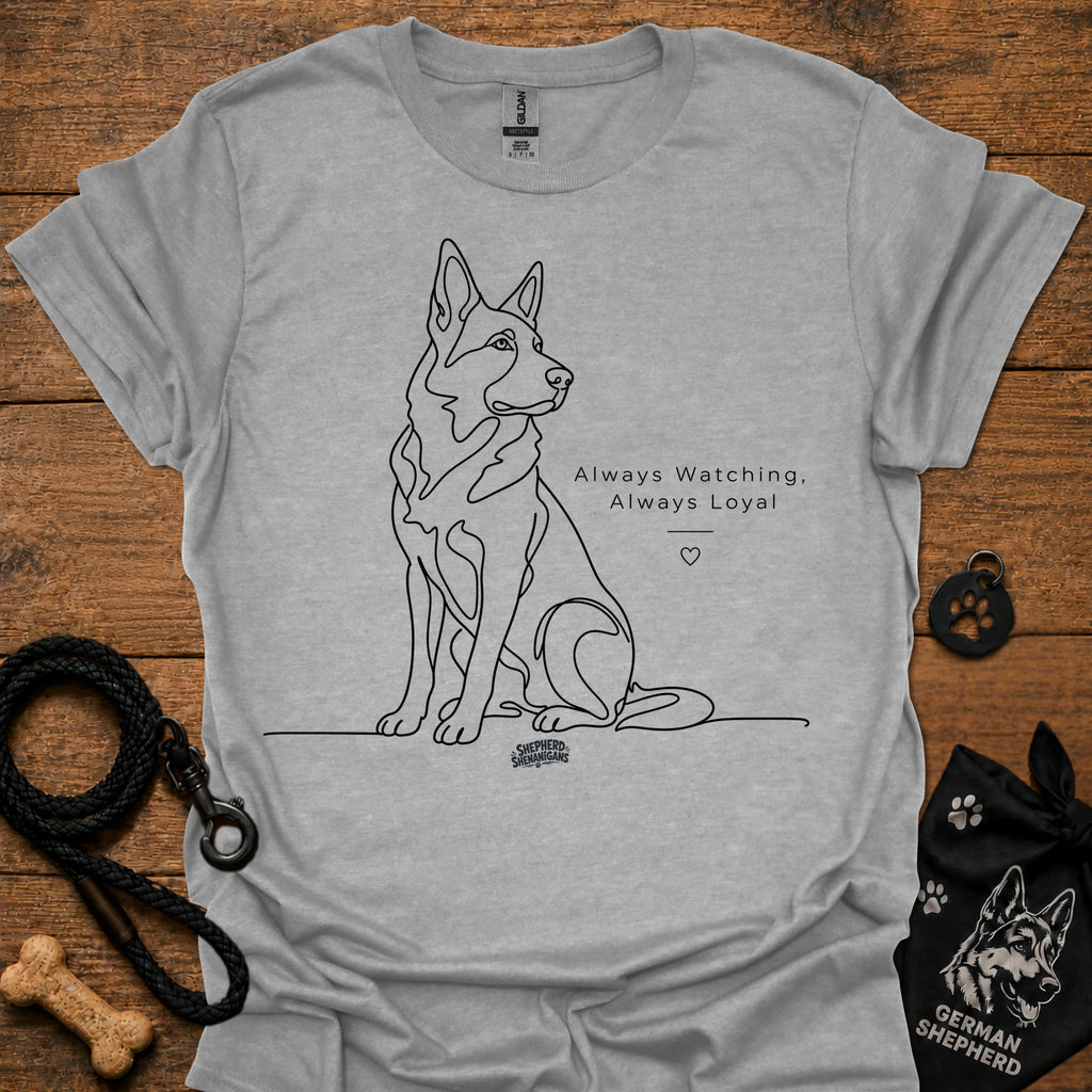 Sport grey dog graphic t-shirt with line art and text: Always Watching, Always Loyal
