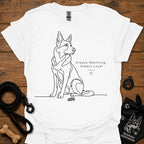 White dog graphic t-shirt with line art and text: Always Watching, Always Loyal