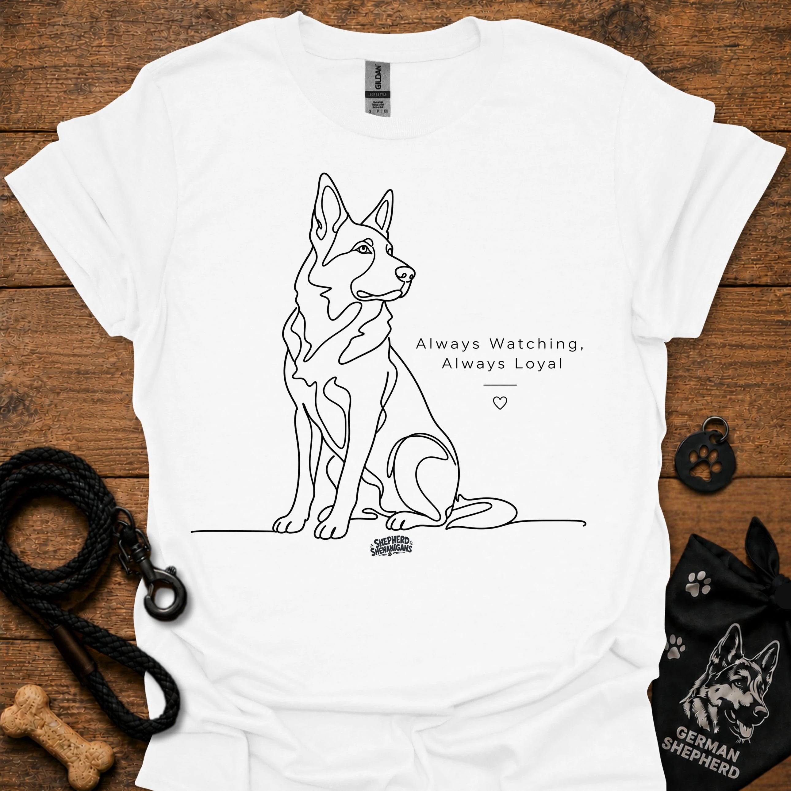 White dog graphic t-shirt with line art and text: Always Watching, Always Loyal