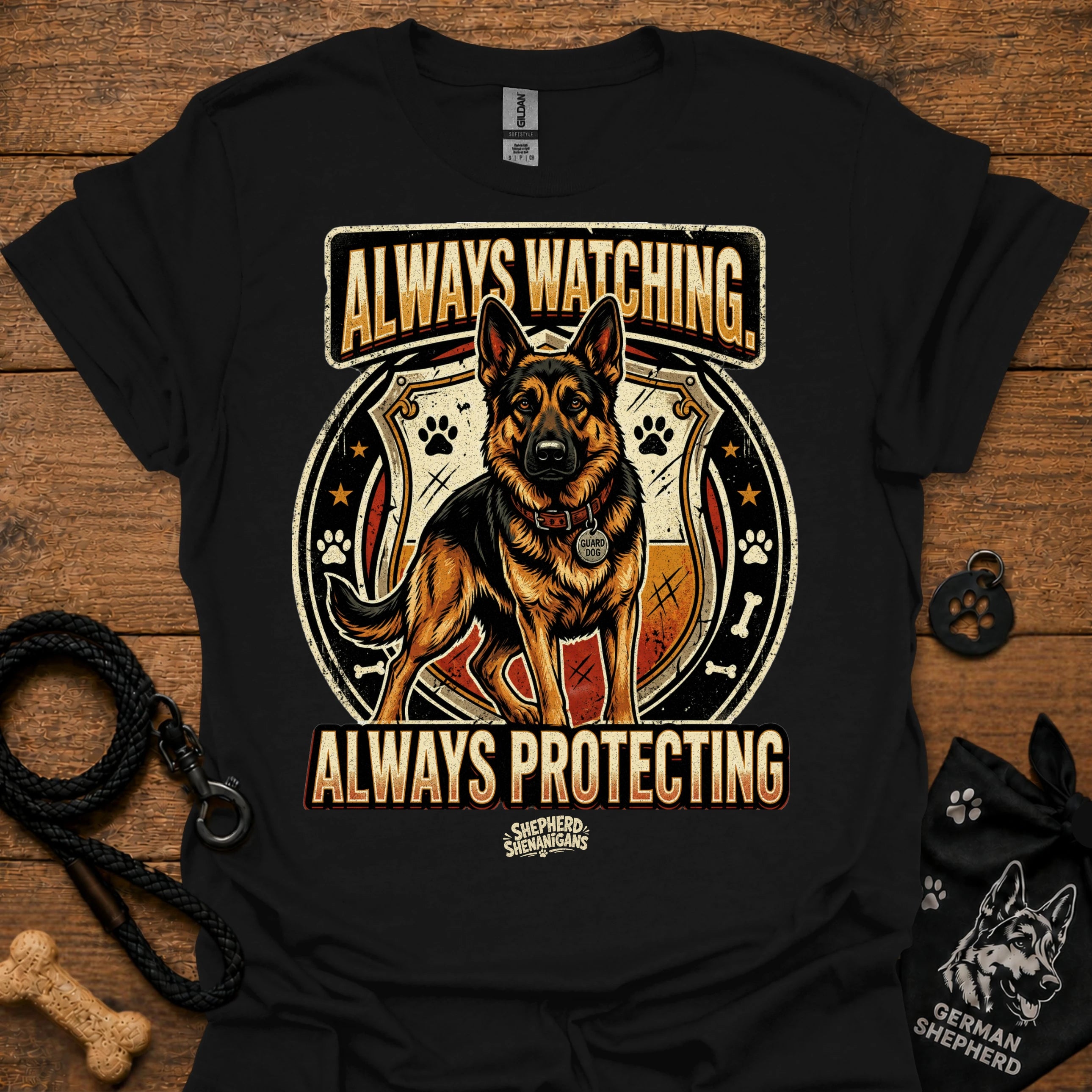 Black dog graphic slogan T-shirt: Always Watching, Always Protecting