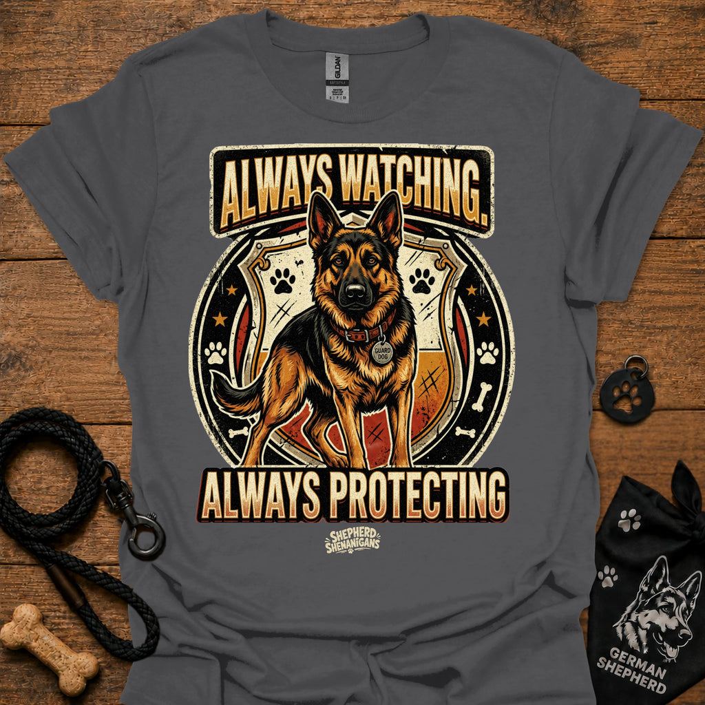 Charcoal dog graphic slogan T-shirt: Always Watching, Always Protecting