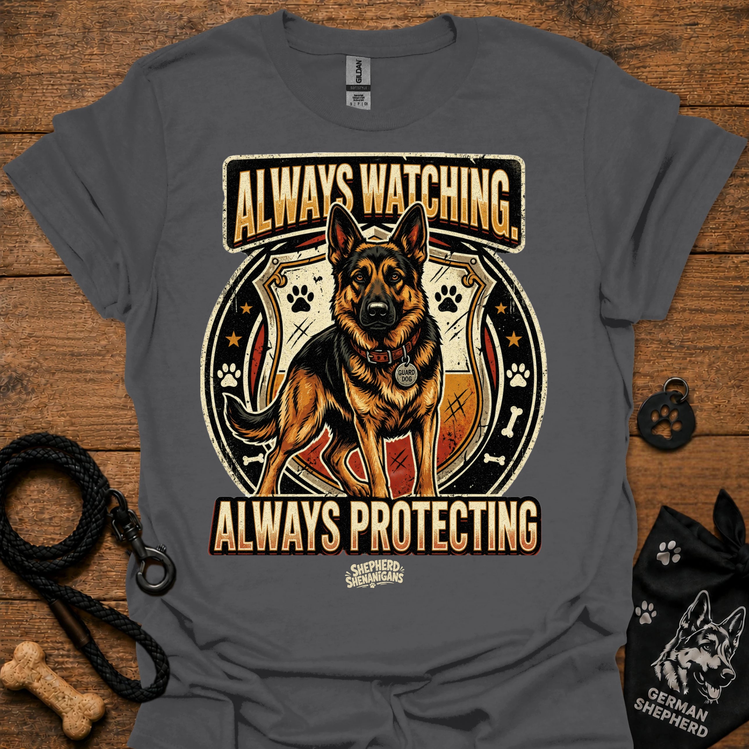 Charcoal dog graphic slogan T-shirt: Always Watching, Always Protecting