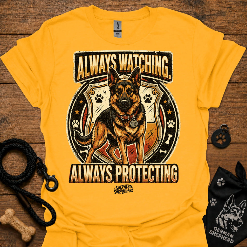 Gold dog graphic slogan T-shirt: Always Watching, Always Protecting