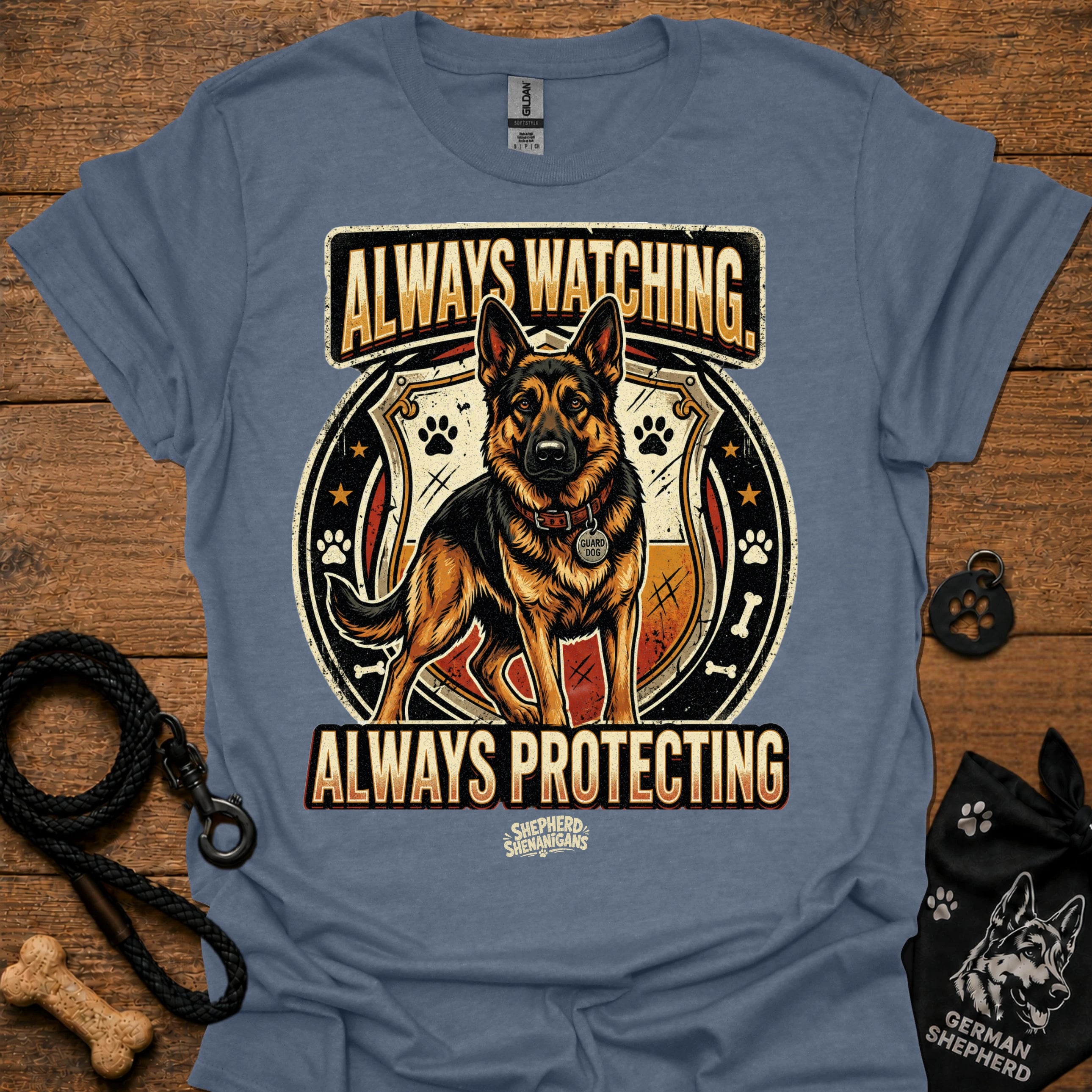 Light blue dog graphic slogan T-shirt: Always Watching, Always Protecting