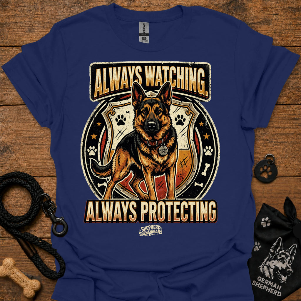 Navy dog graphic slogan T-shirt: Always Watching, Always Protecting