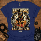Navy dog graphic slogan T-shirt: Always Watching, Always Protecting