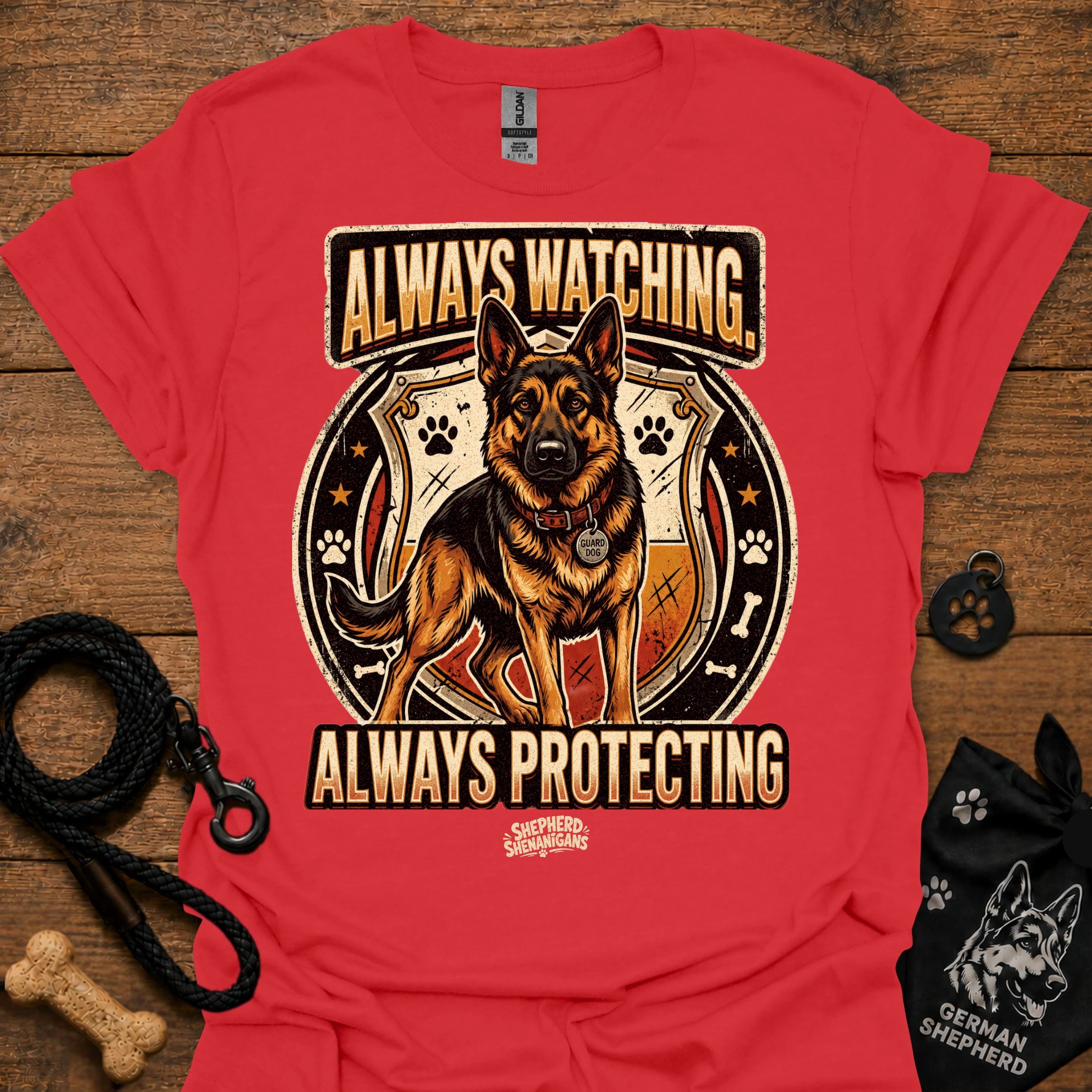 Red dog graphic slogan T-shirt: Always Watching, Always Protecting