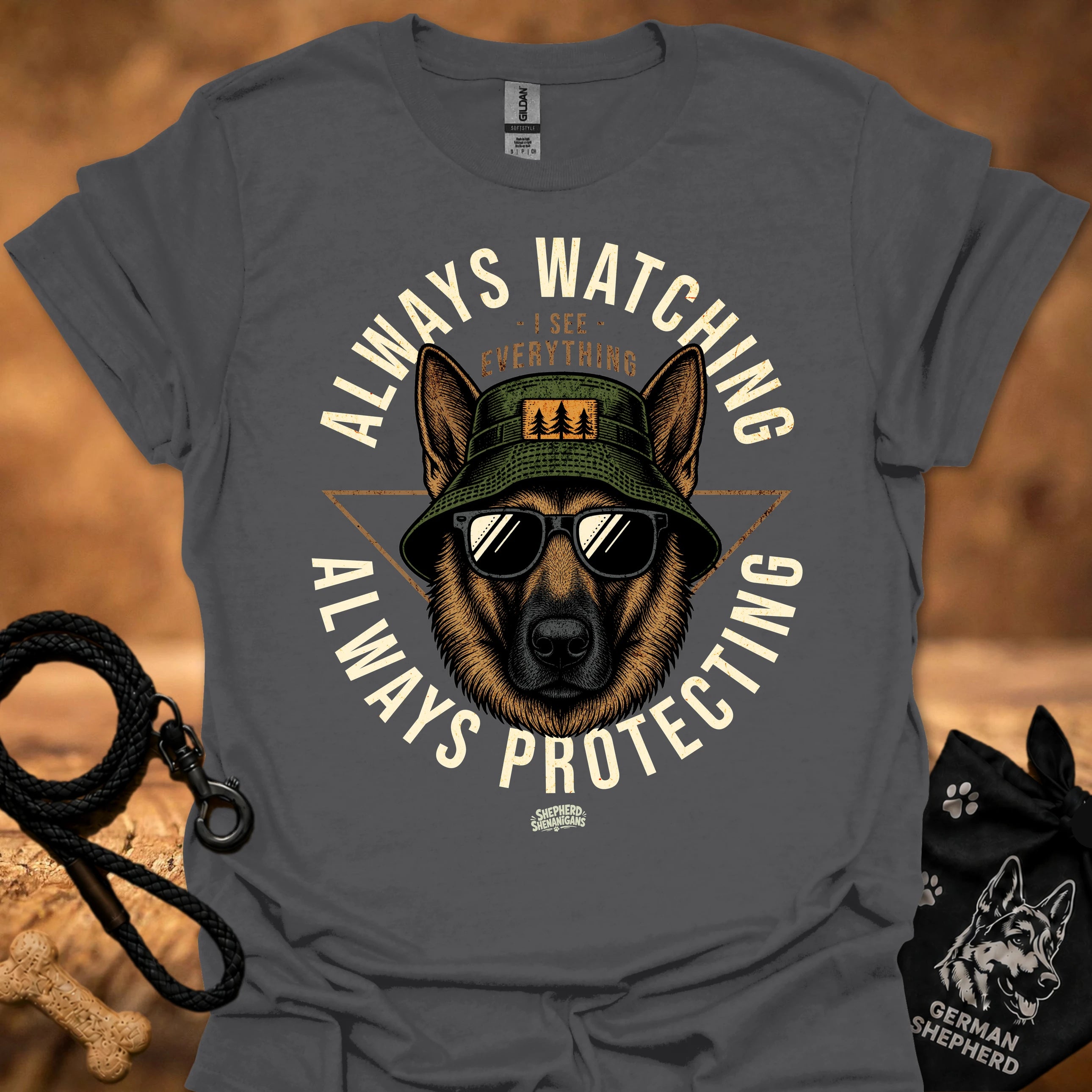 Charcoal crewneck T-shirt with German Shepherd dog graphic and bold text print