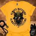 Gold/yellow crewneck T-shirt with German Shepherd dog graphic and bold text print