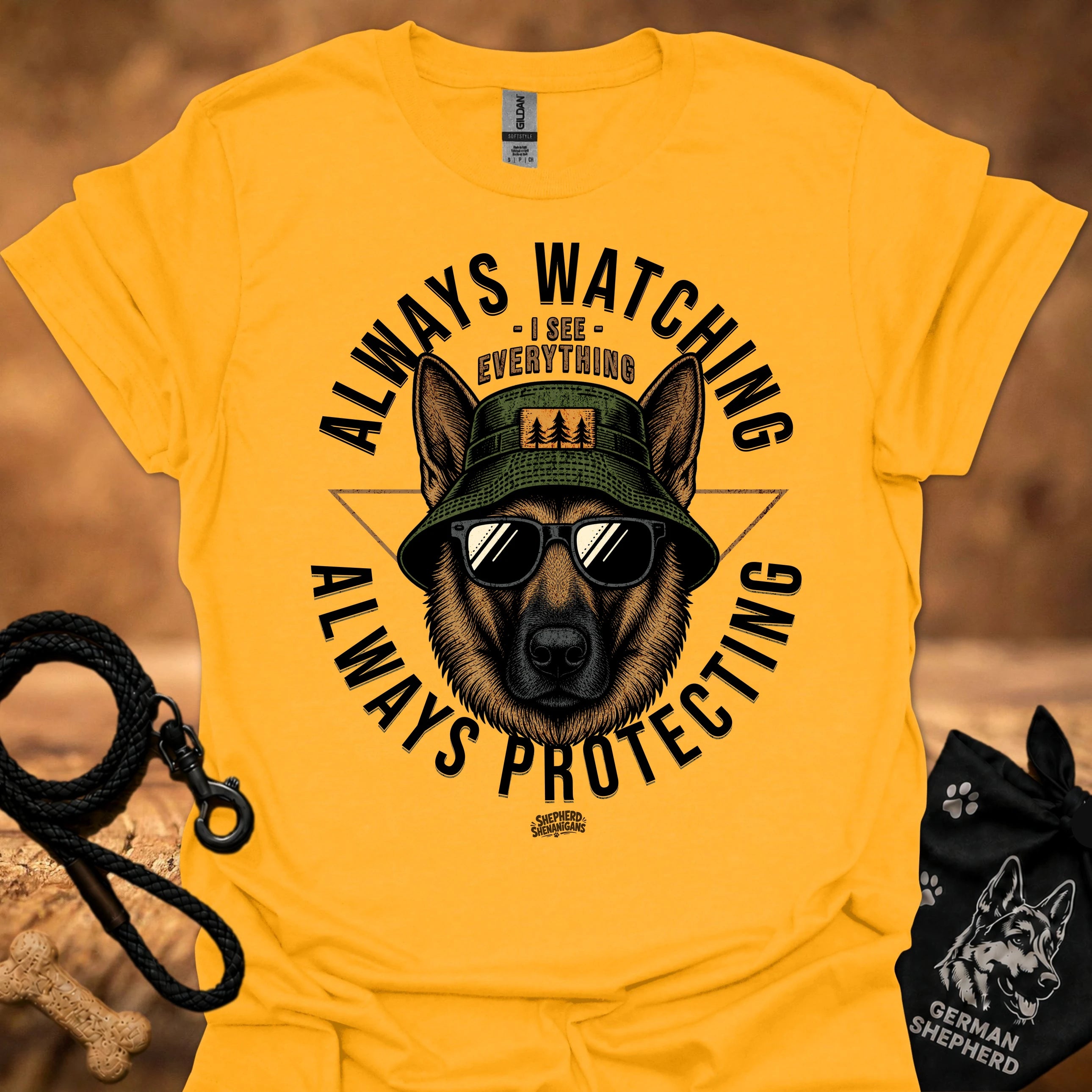 Gold/yellow crewneck T-shirt with German Shepherd dog graphic and bold text print