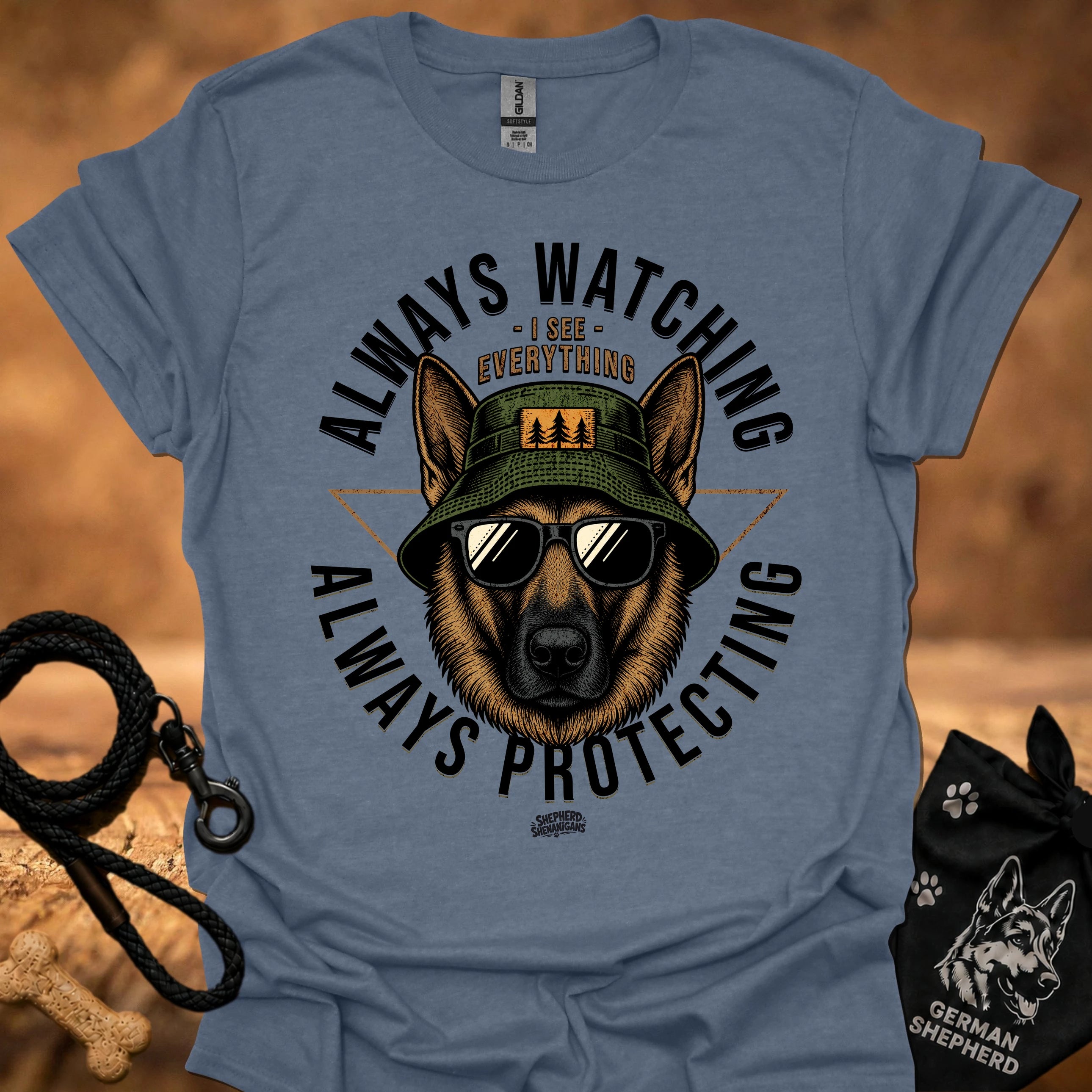 Light blue crewneck T-shirt with German Shepherd dog graphic and bold text print