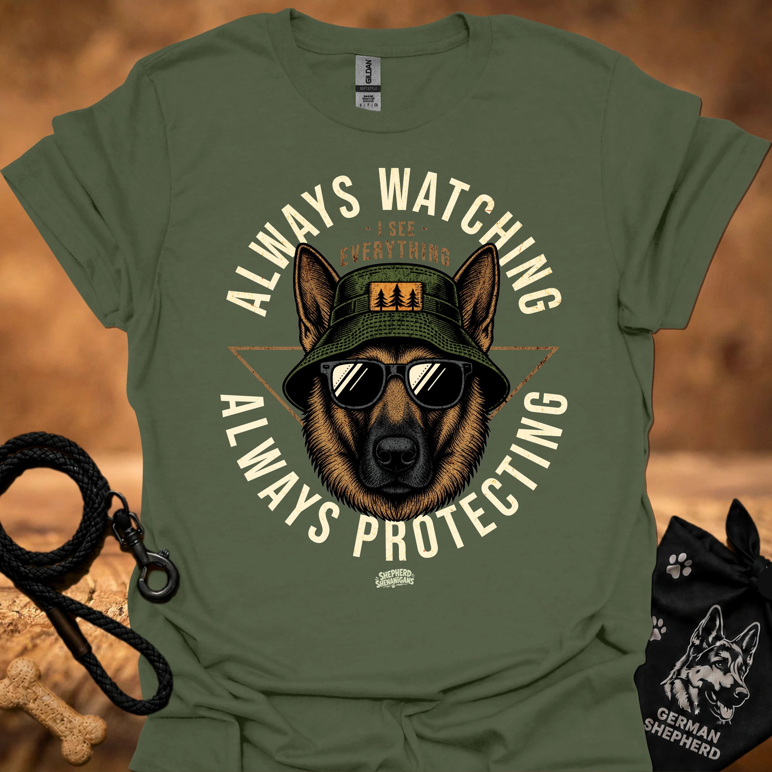 Military green crewneck T-shirt with German Shepherd dog graphic and bold text print