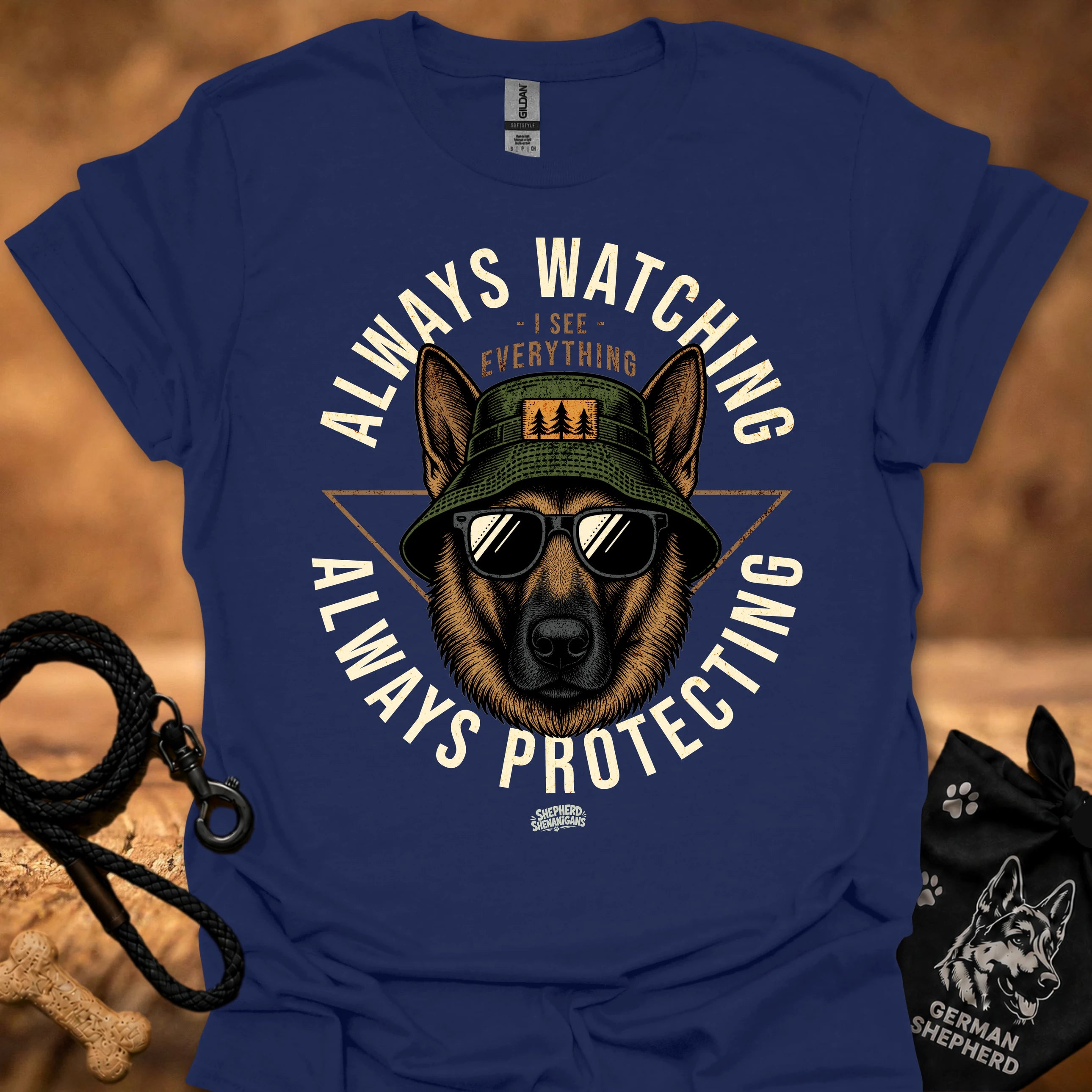 Royal blue crewneck T-shirt with German Shepherd dog graphic and bold text print