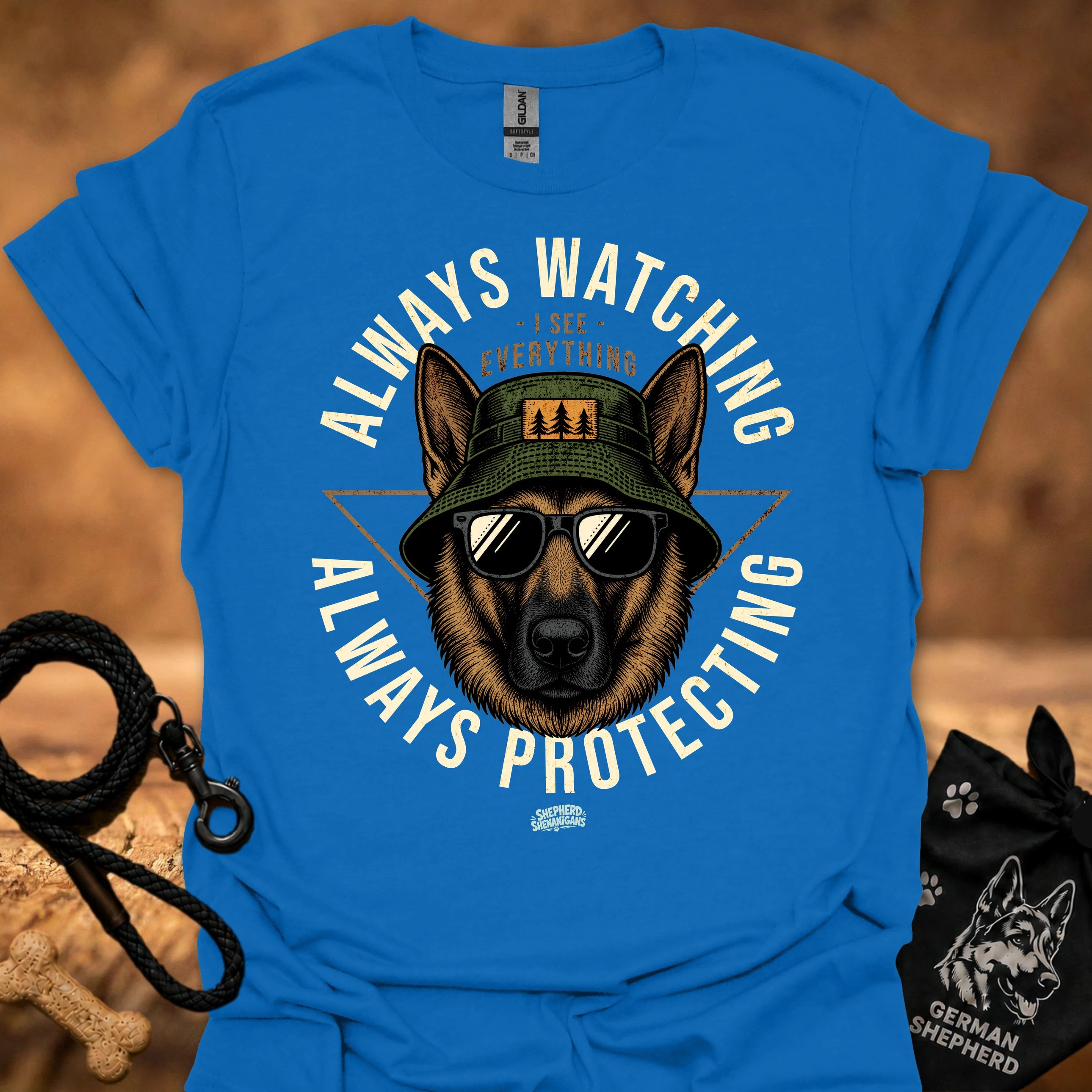 Blue crewneck T-shirt with German Shepherd dog graphic and bold text print