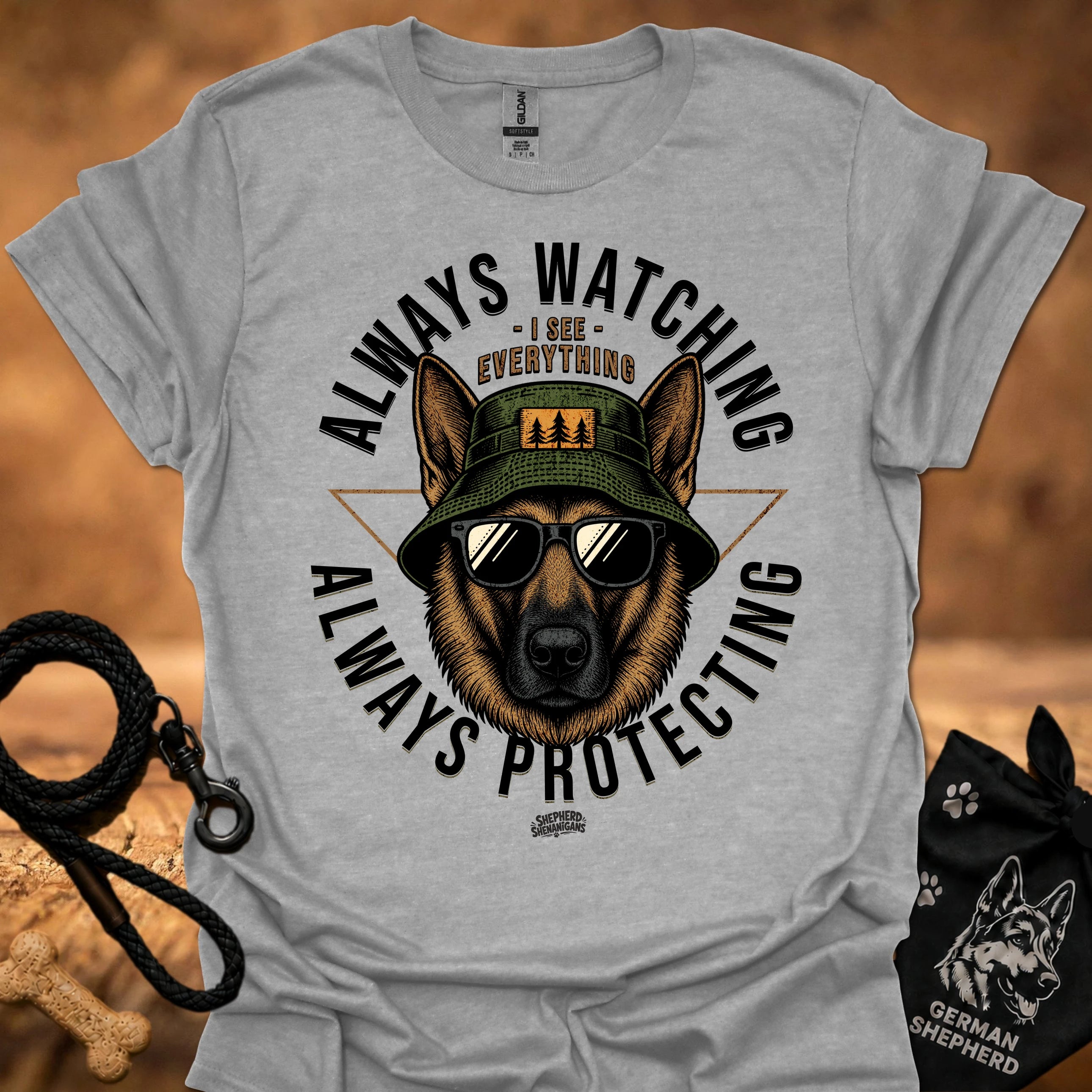 Heather gray crewneck T-shirt with German Shepherd dog graphic and bold text print