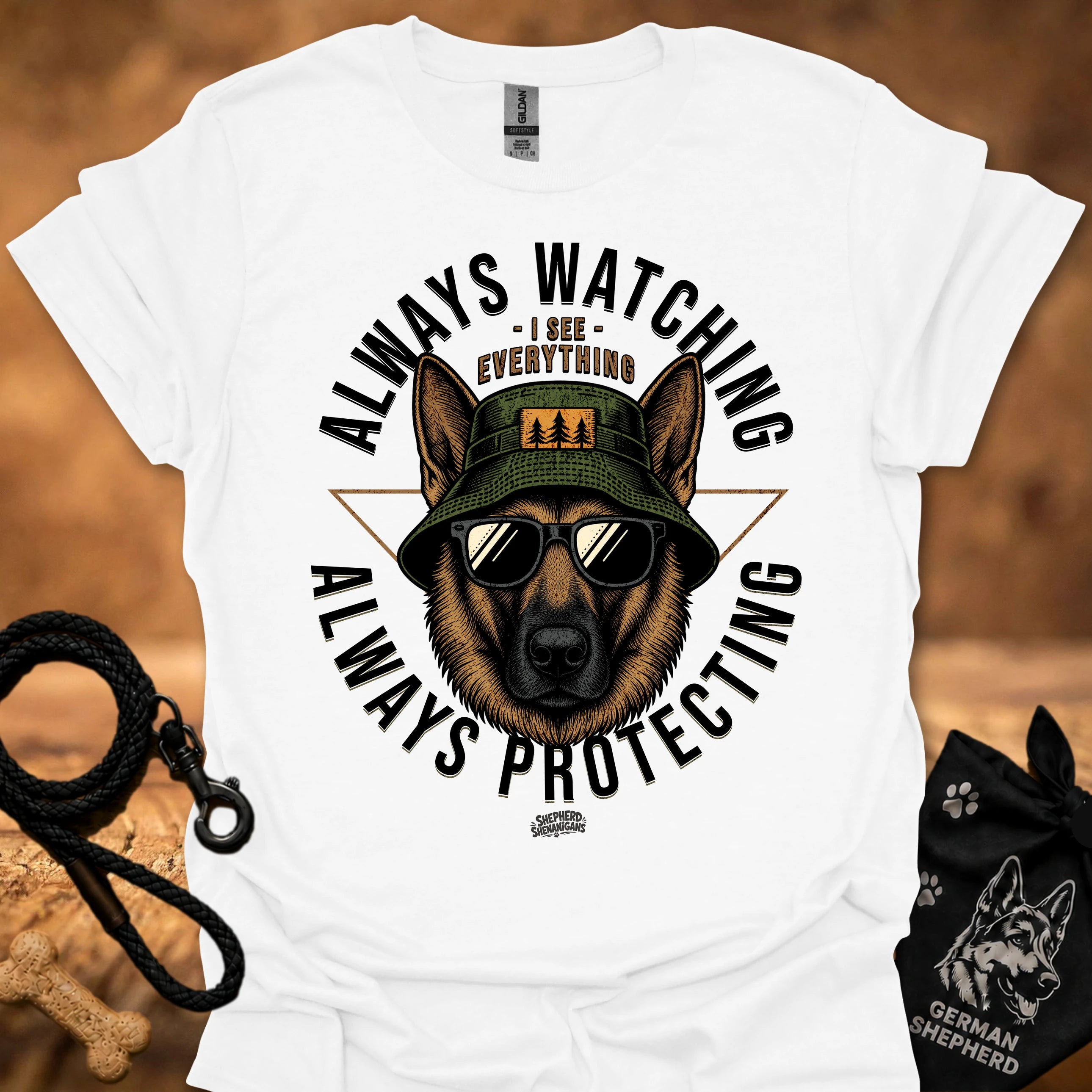 White crewneck T-shirt with German Shepherd dog graphic and bold text print