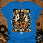 Royal blue dog graphic slogan T-shirt: Always Watching, Always Protecting