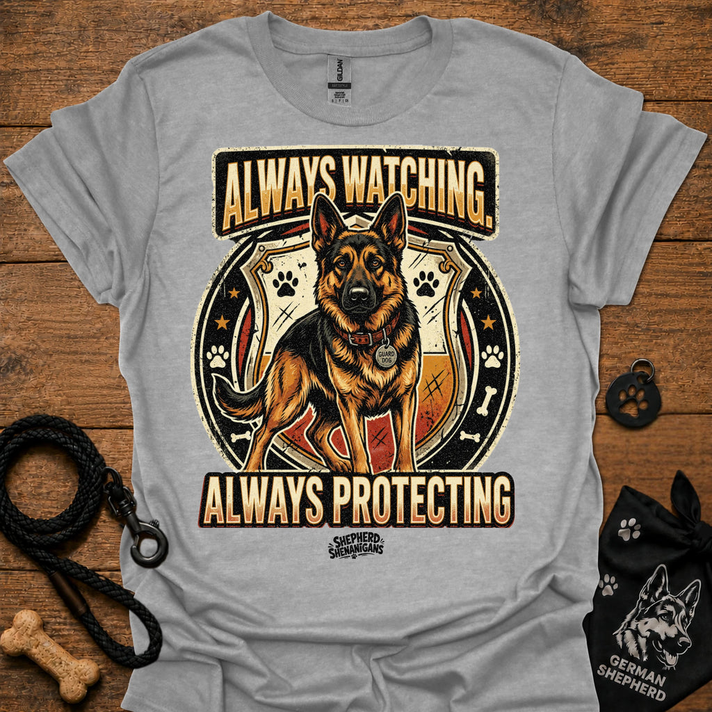 Sport grey dog graphic slogan T-shirt: Always Watching, Always Protecting