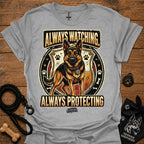 Sport grey dog graphic slogan T-shirt: Always Watching, Always Protecting