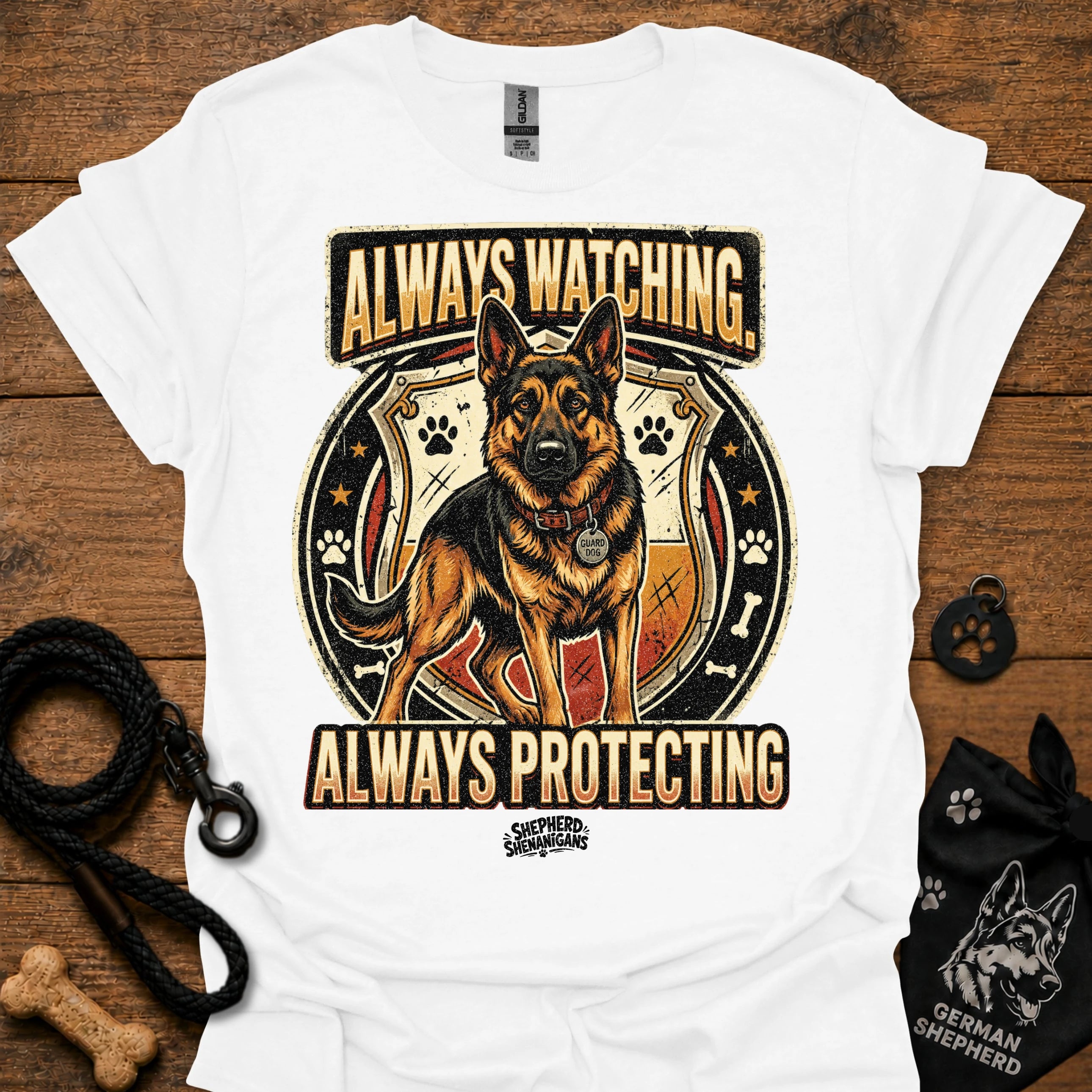 White dog graphic slogan T-shirt: Always Watching, Always Protecting
