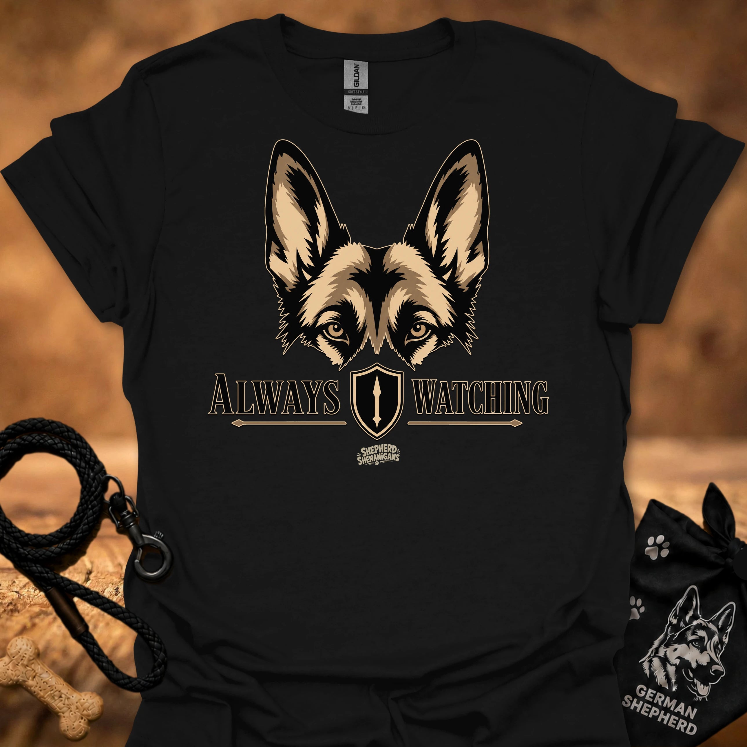 Black graphic dog face T-shirt with “Always Watching” text and shield icon