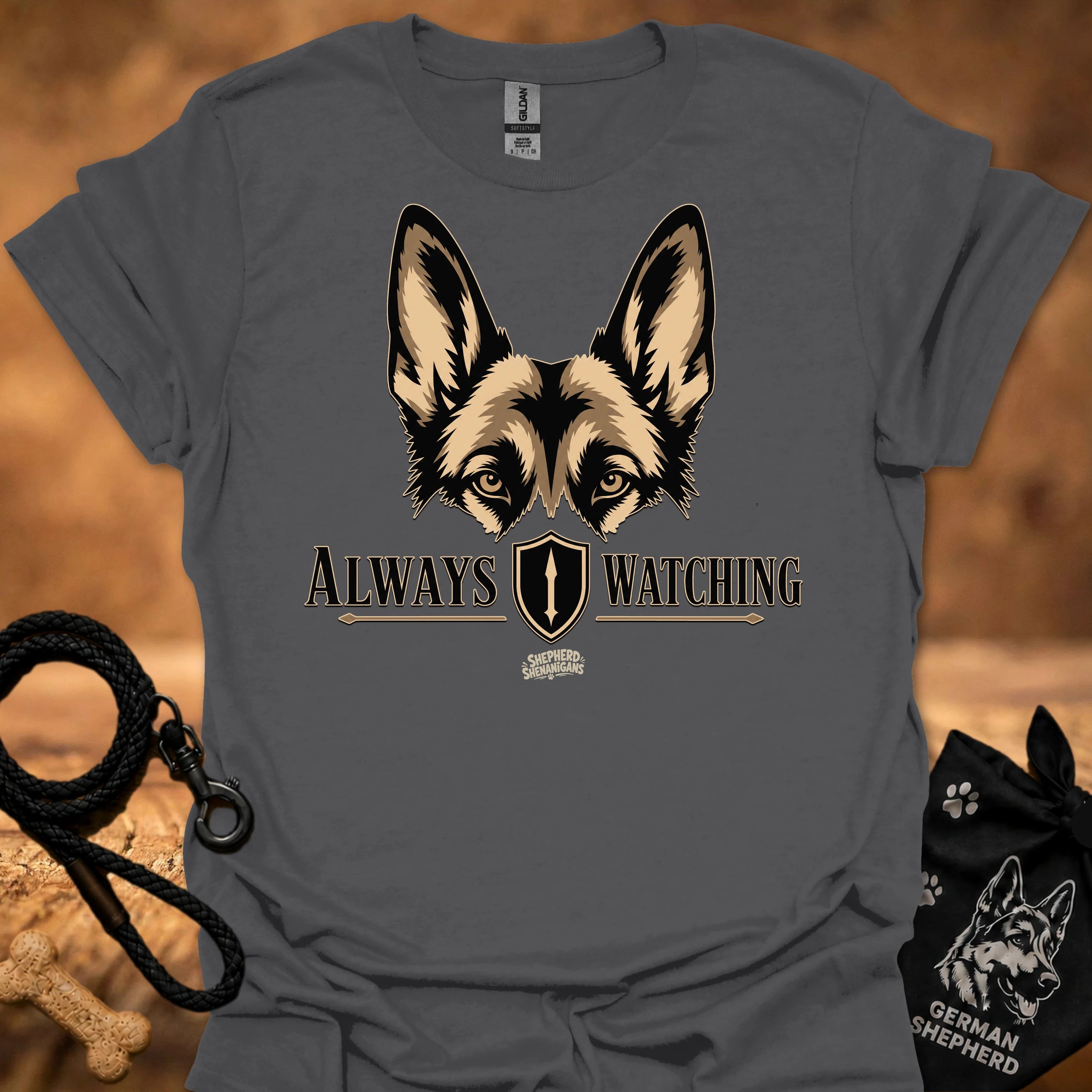 Charcoal graphic dog face T-shirt with “Always Watching” text and shield icon
