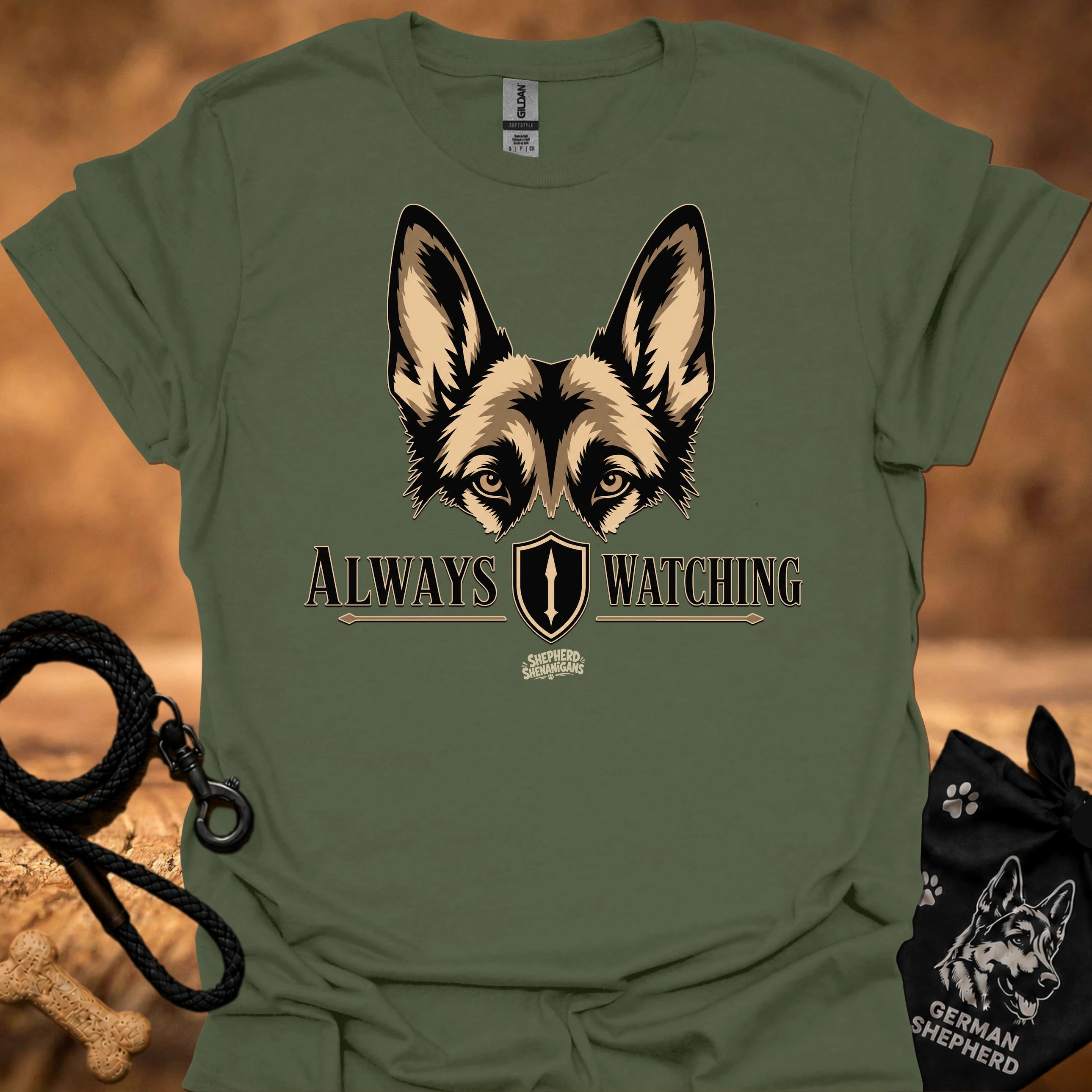 Military green graphic dog face T-shirt with “Always Watching” text and shield icon