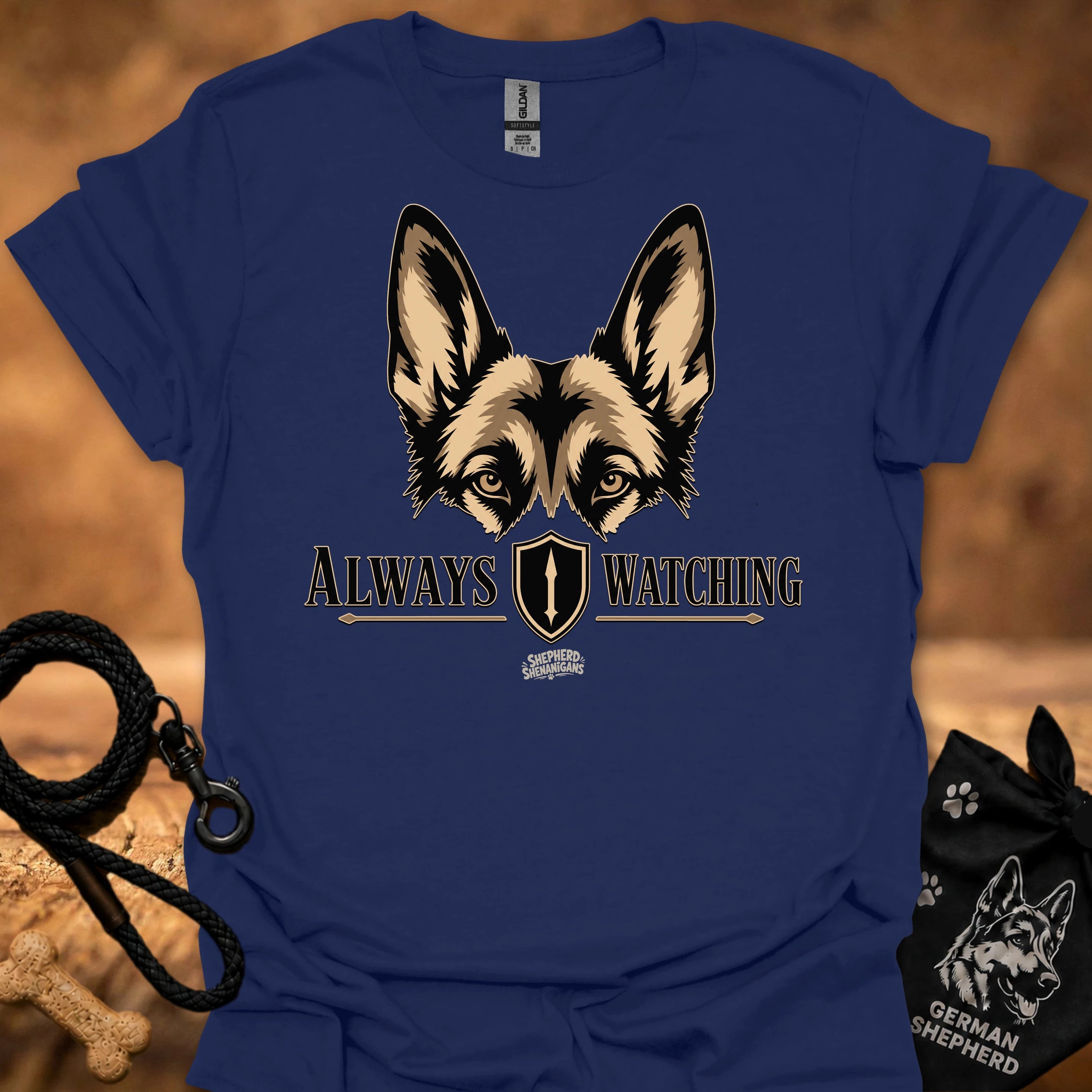 Navy graphic dog face T-shirt with “Always Watching” text and shield icon