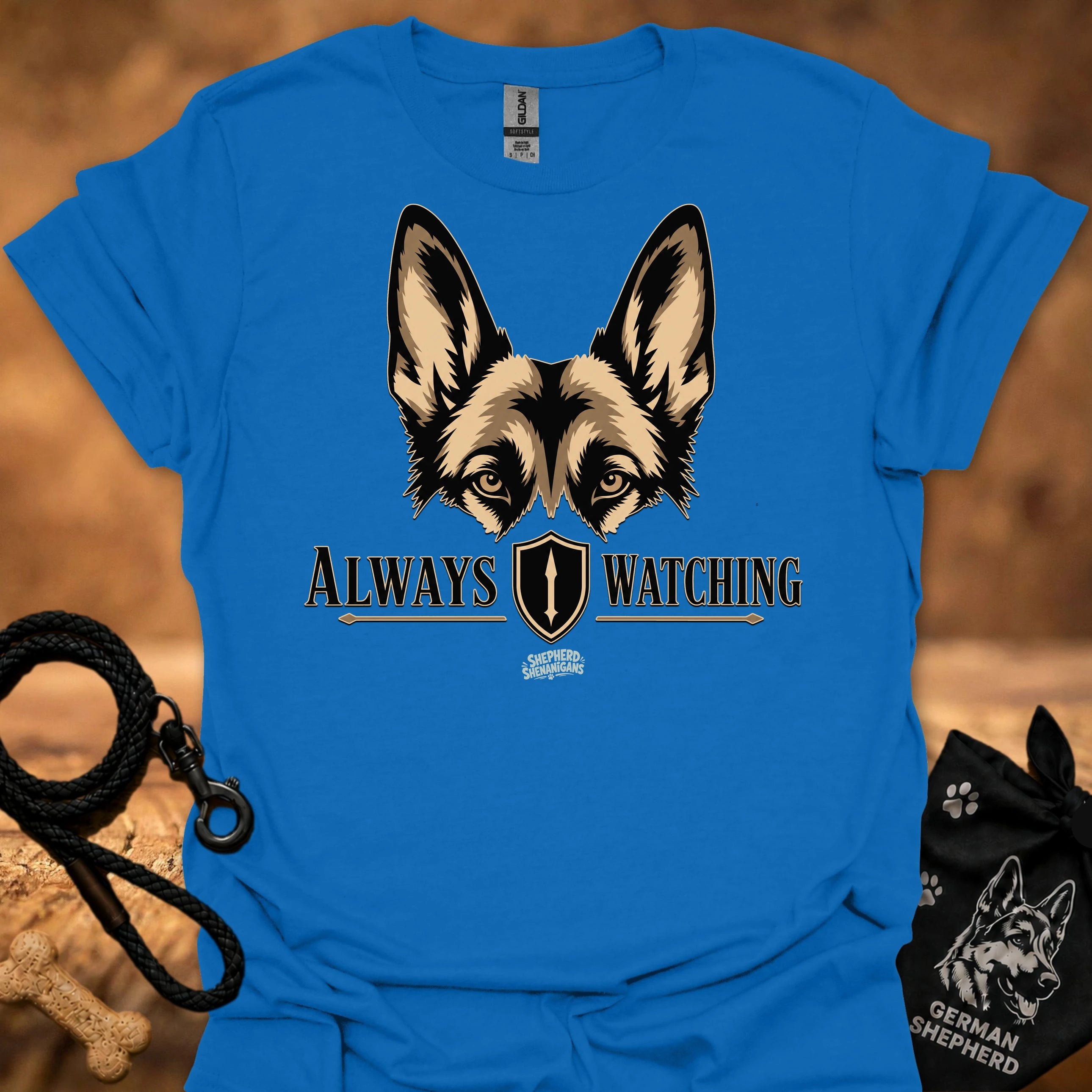Royal blue graphic dog face T-shirt with “Always Watching” text and shield icon