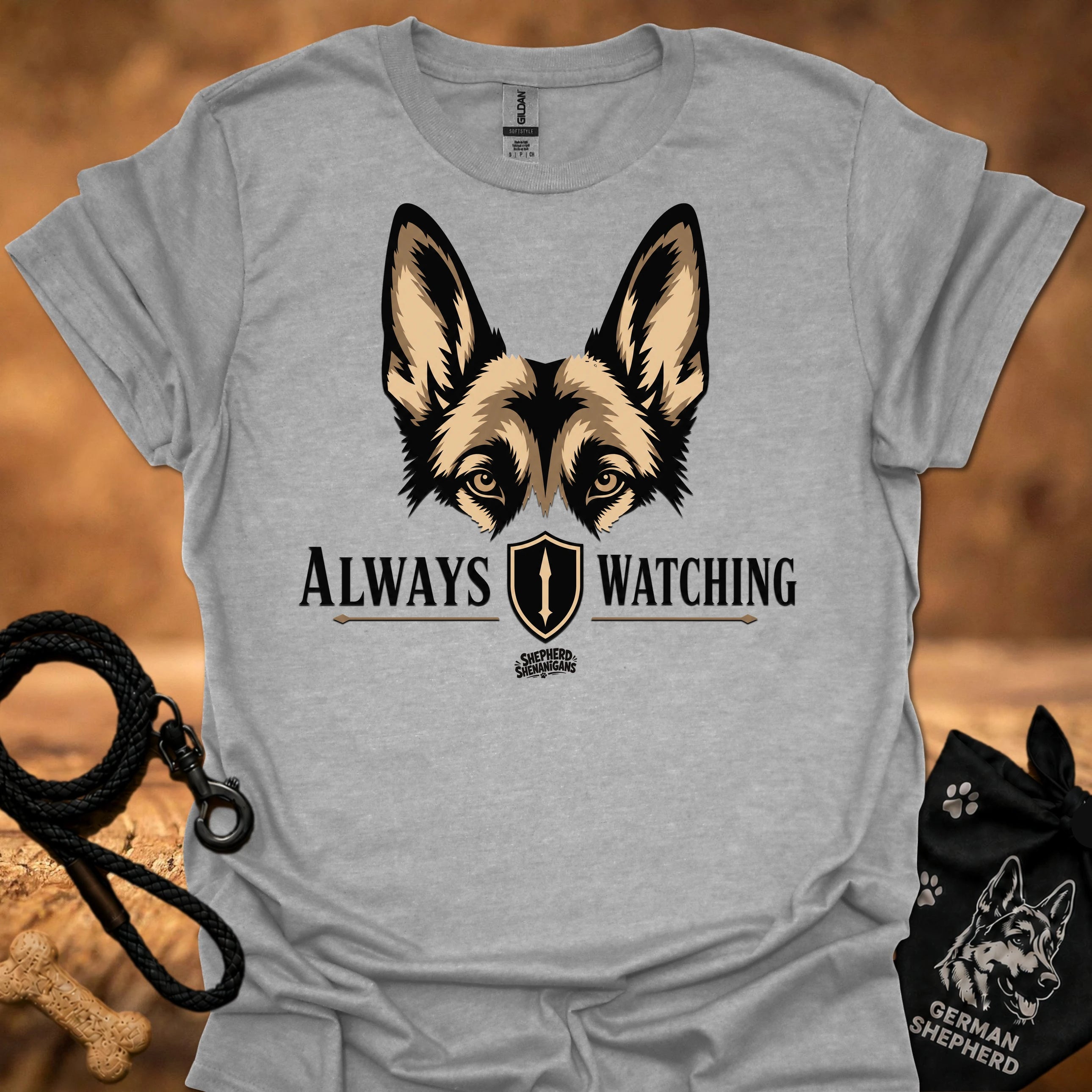 Sport grey graphic dog face T-shirt with “Always Watching” text and shield icon