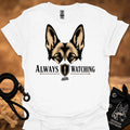 White graphic dog face T-shirt with “Always Watching” text and shield icon