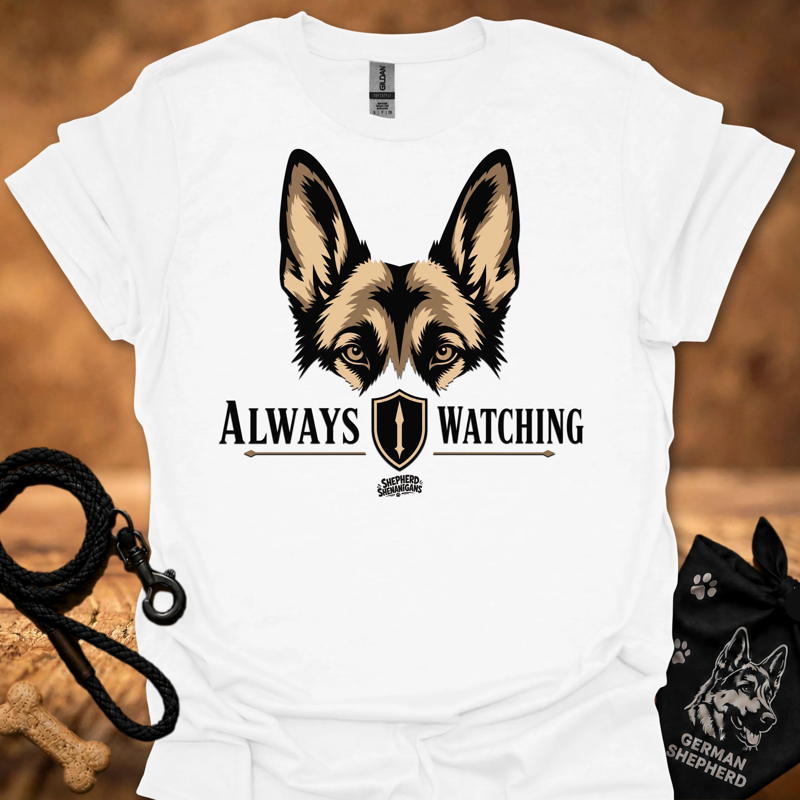 White graphic dog face T-shirt with “Always Watching” text and shield icon
