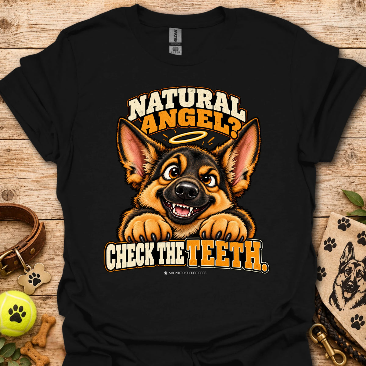 Black crew-neck T-shirt with Natural Angel dog graphic and Check the Teeth text