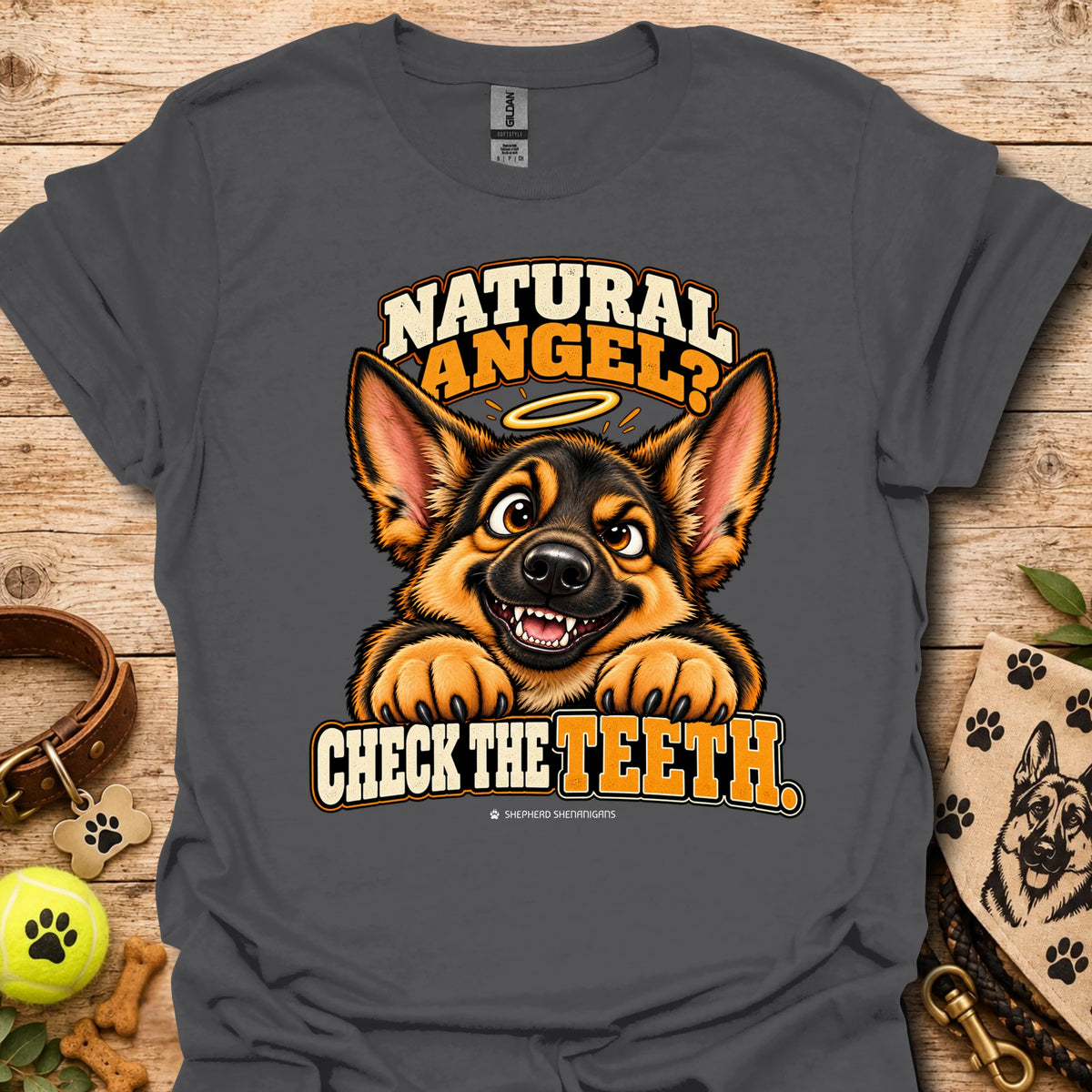 Charcoal crew-neck T-shirt with Natural Angel dog graphic and Check the Teeth text