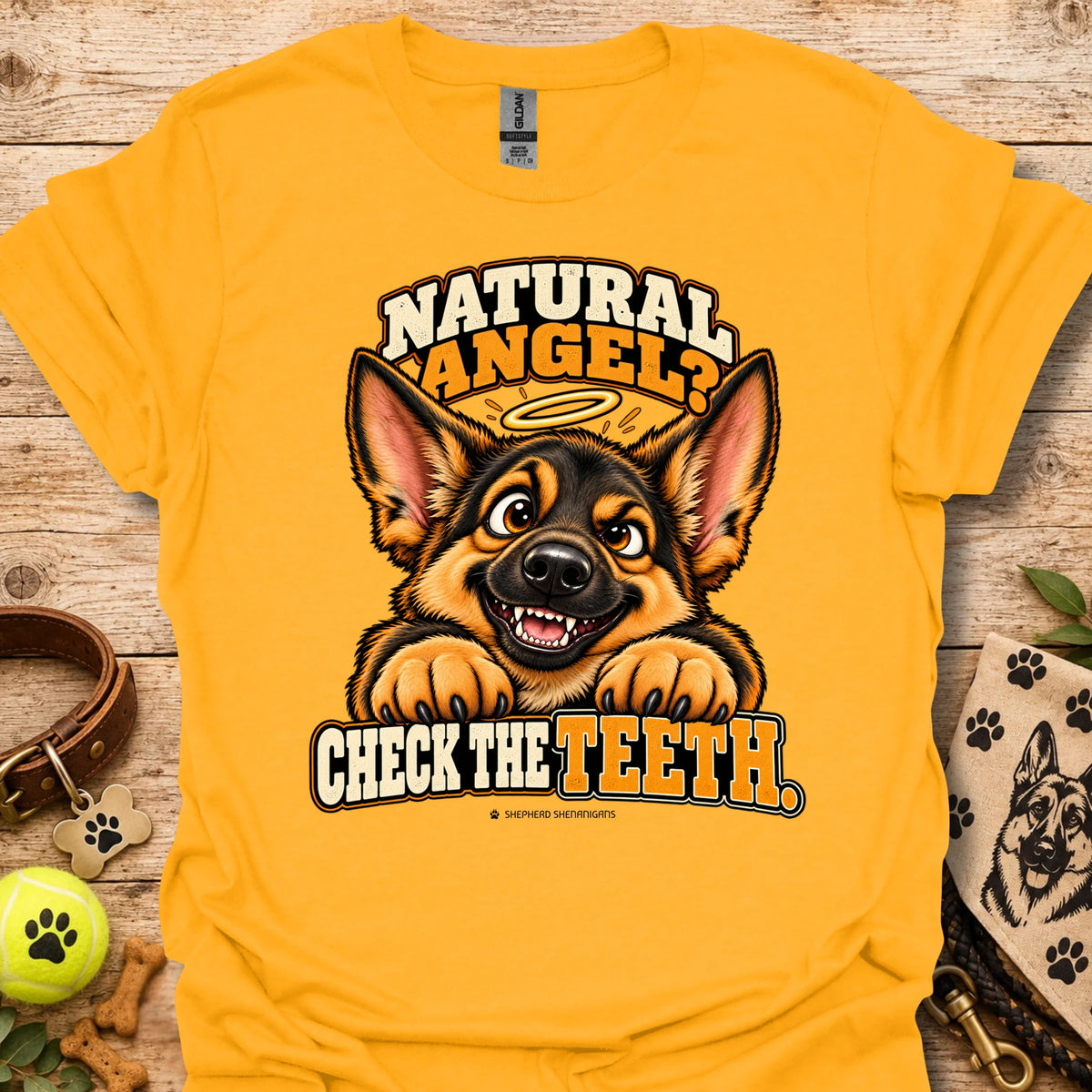 Yellow crew-neck T-shirt with Natural Angel dog graphic and Check the Teeth text