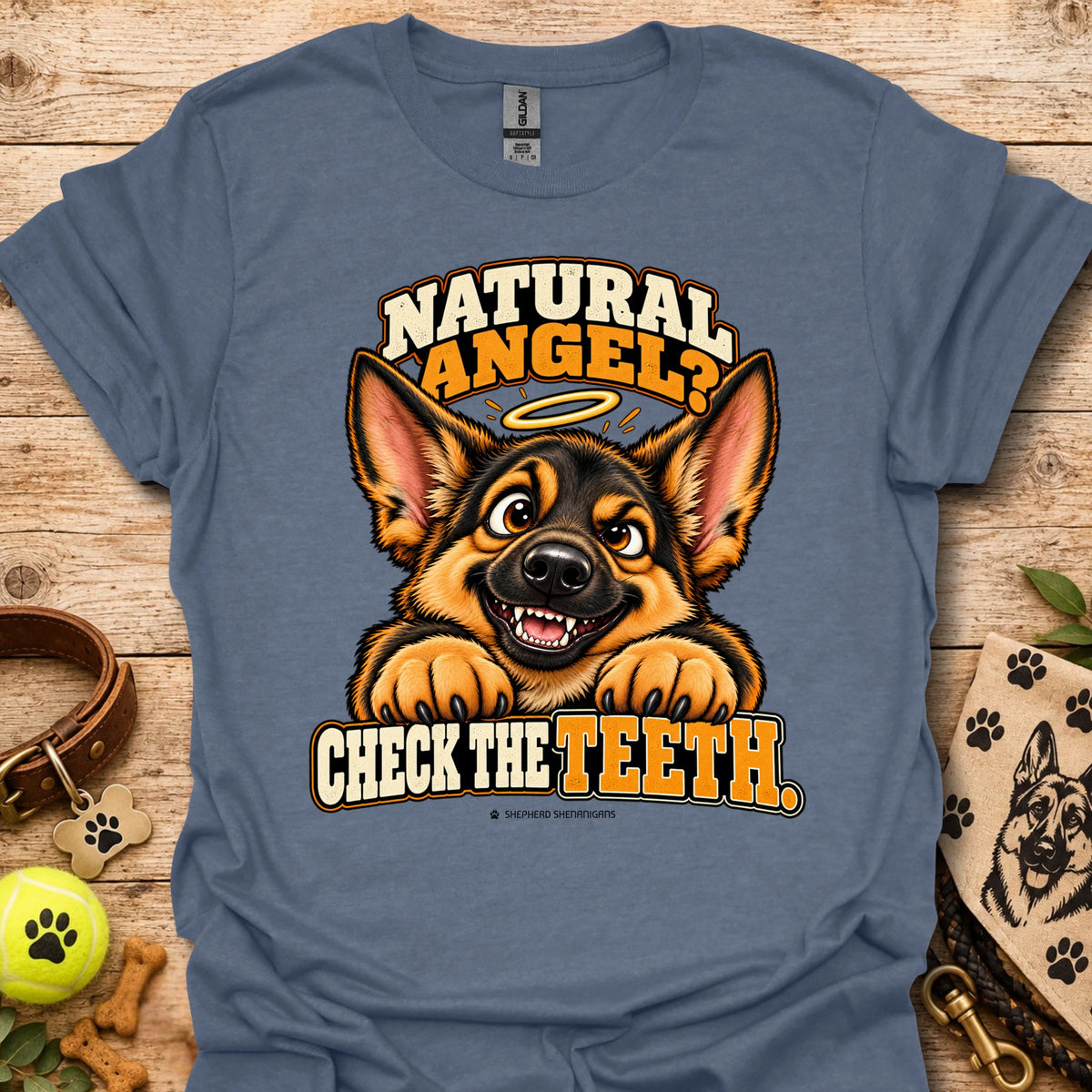 Slate blue crew-neck T-shirt with Natural Angel dog graphic and Check the Teeth text