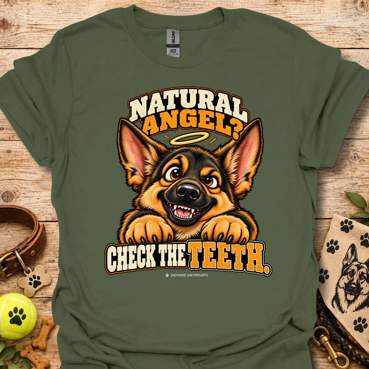 Dark green crew-neck T-shirt with Natural Angel dog graphic and Check the Teeth text