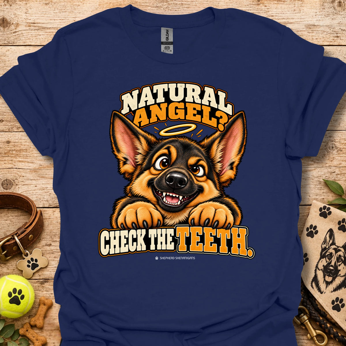 Navy crew-neck T-shirt with Natural Angel dog graphic and Check the Teeth text