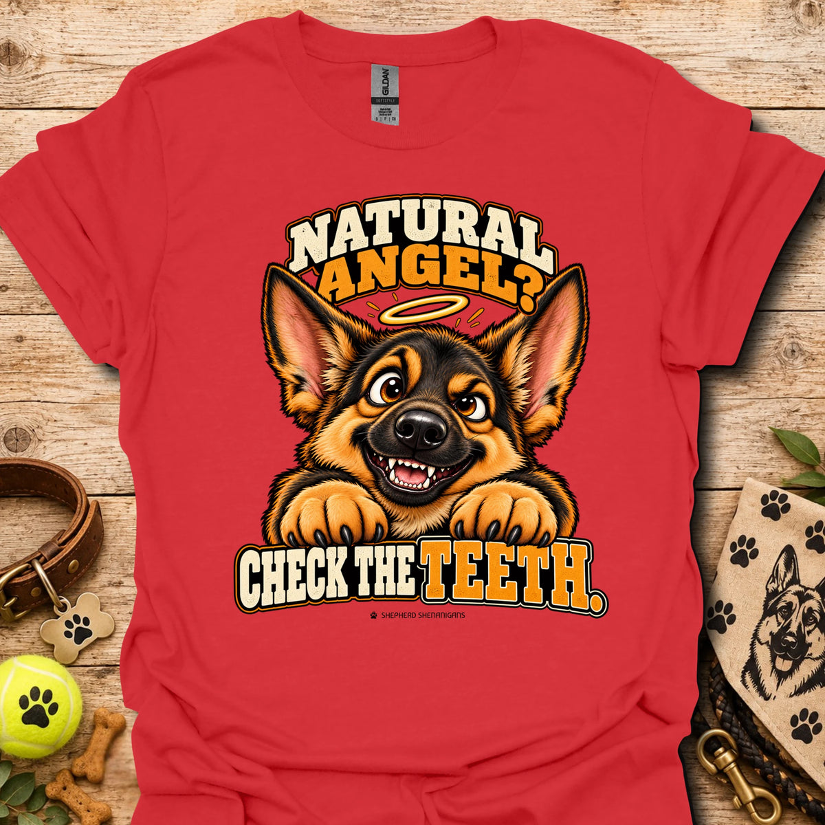 Red crew-neck T-shirt with Natural Angel dog graphic and Check the Teeth text