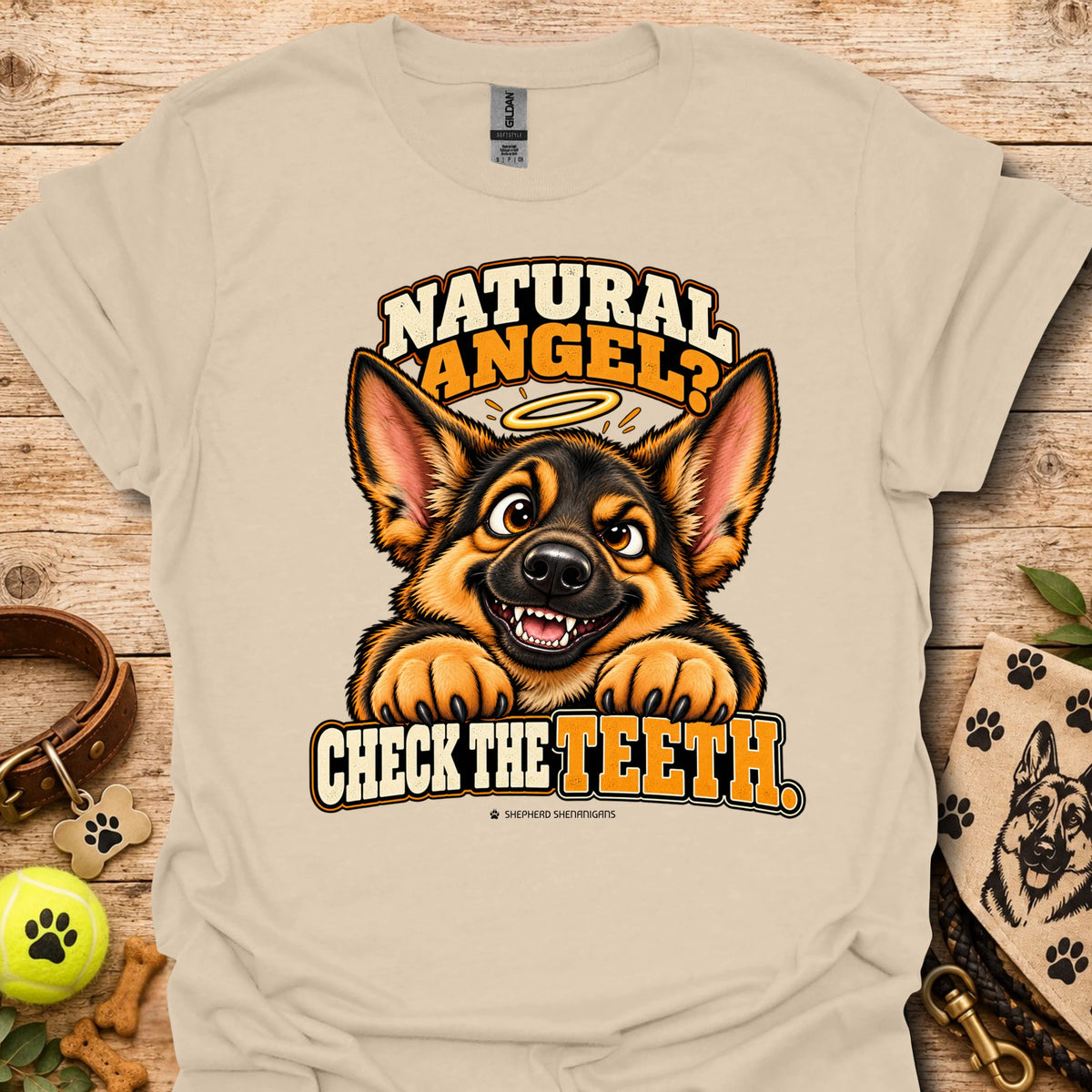 Sand crew-neck T-shirt with Natural Angel dog graphic and Check the Teeth text