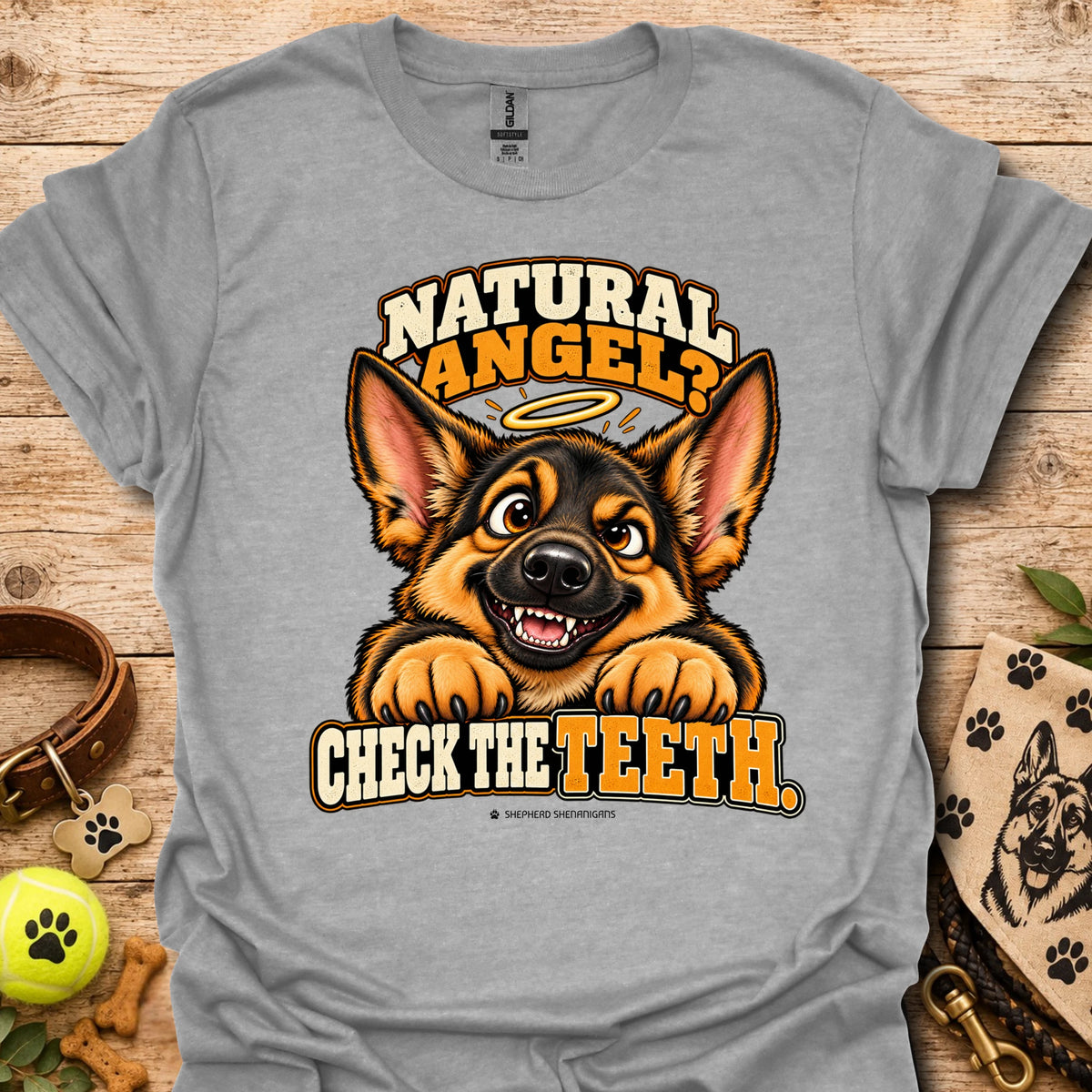 Heather gray crew-neck T-shirt with Natural Angel dog graphic and Check the Teeth text