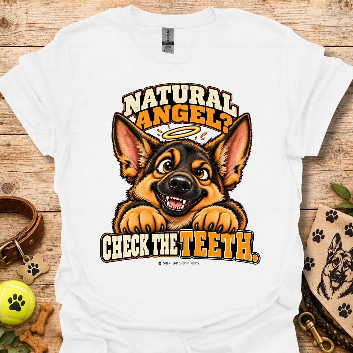 White crew-neck T-shirt with Natural Angel dog graphic and Check the Teeth text