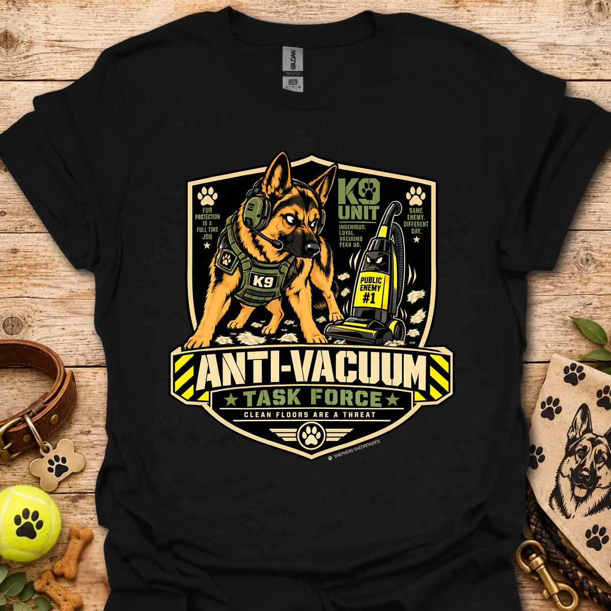 Anti-Vacuum Task Force graphic T-shirt, black with dog and vacuum emblem front