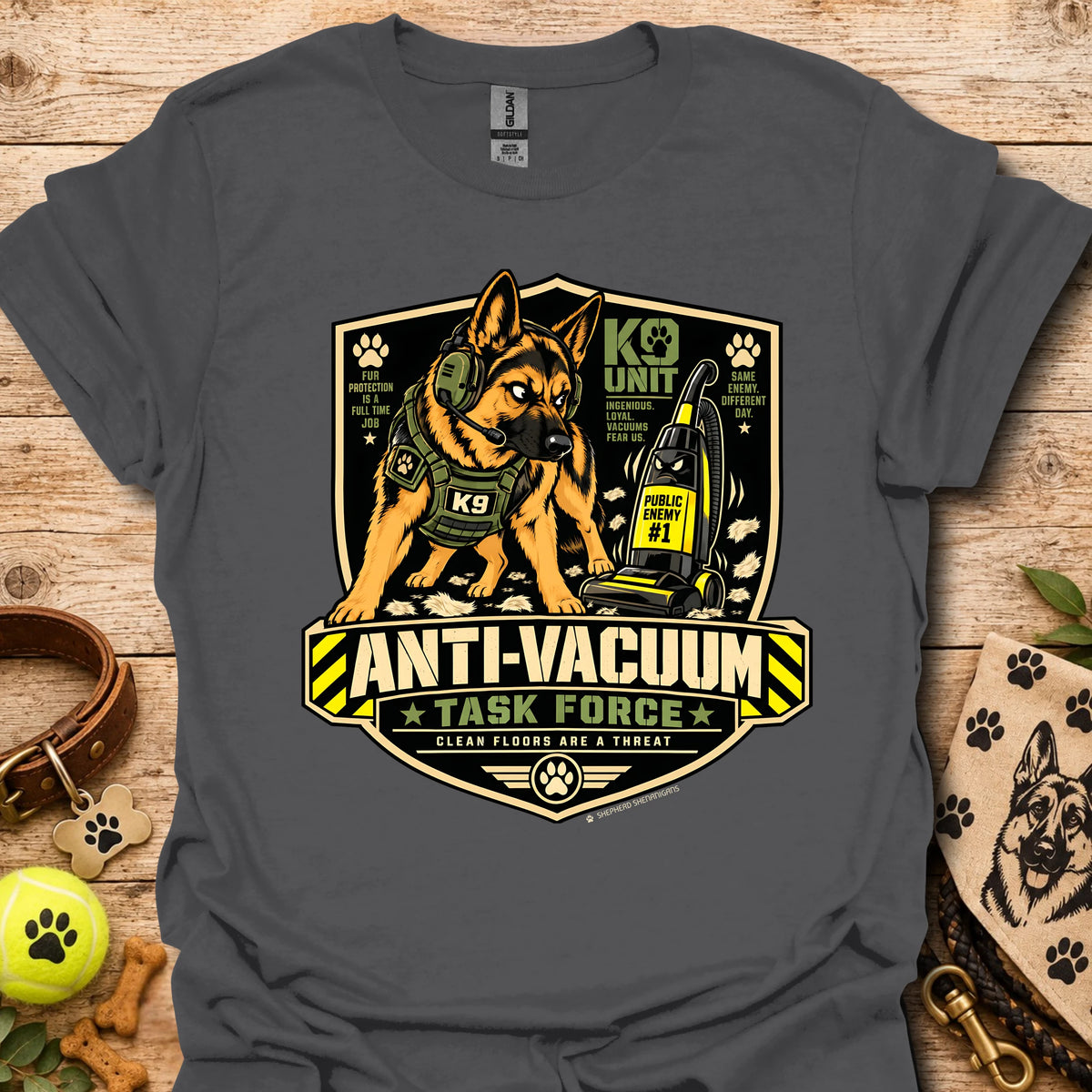 Anti-Vacuum Task Force graphic T-shirt, dark gray with dog and vacuum emblem front