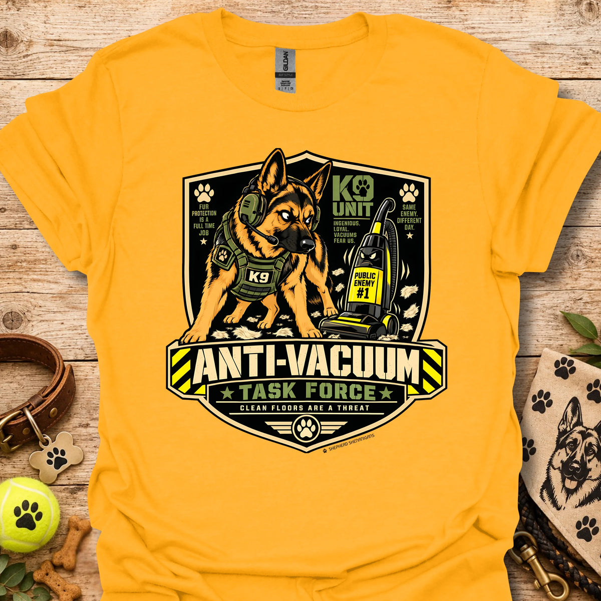 Anti-Vacuum Task Force graphic T-shirt, gold with dog and vacuum emblem front